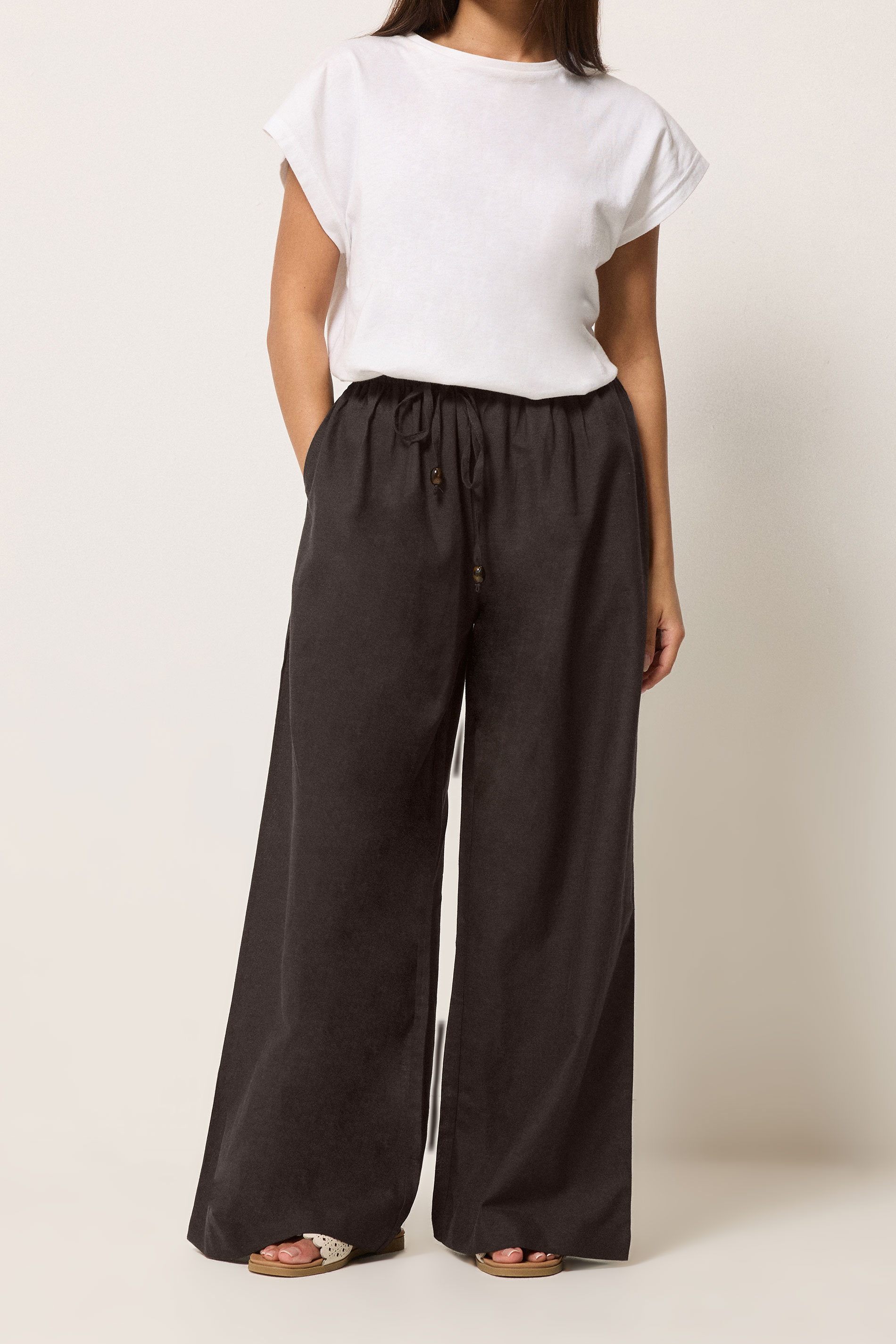 PixieGirl Petite Women's Brown Linen Wide Leg Trousers | PixieGirl 2