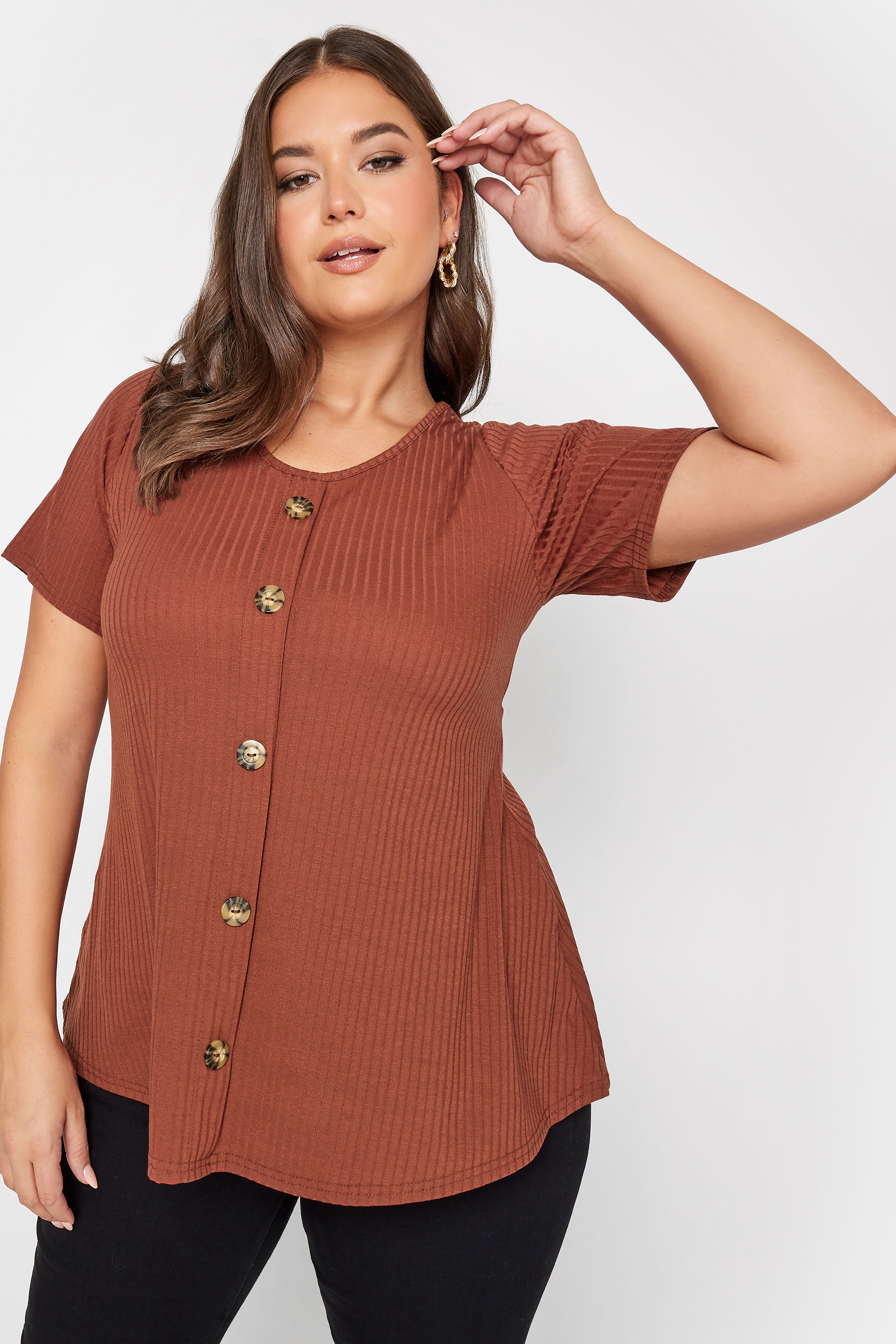 LIMITED COLLECTION 2 PACK Plus Size Curve Rust Orange & Black Ribbed Swing Tops | Yours Clothing  2