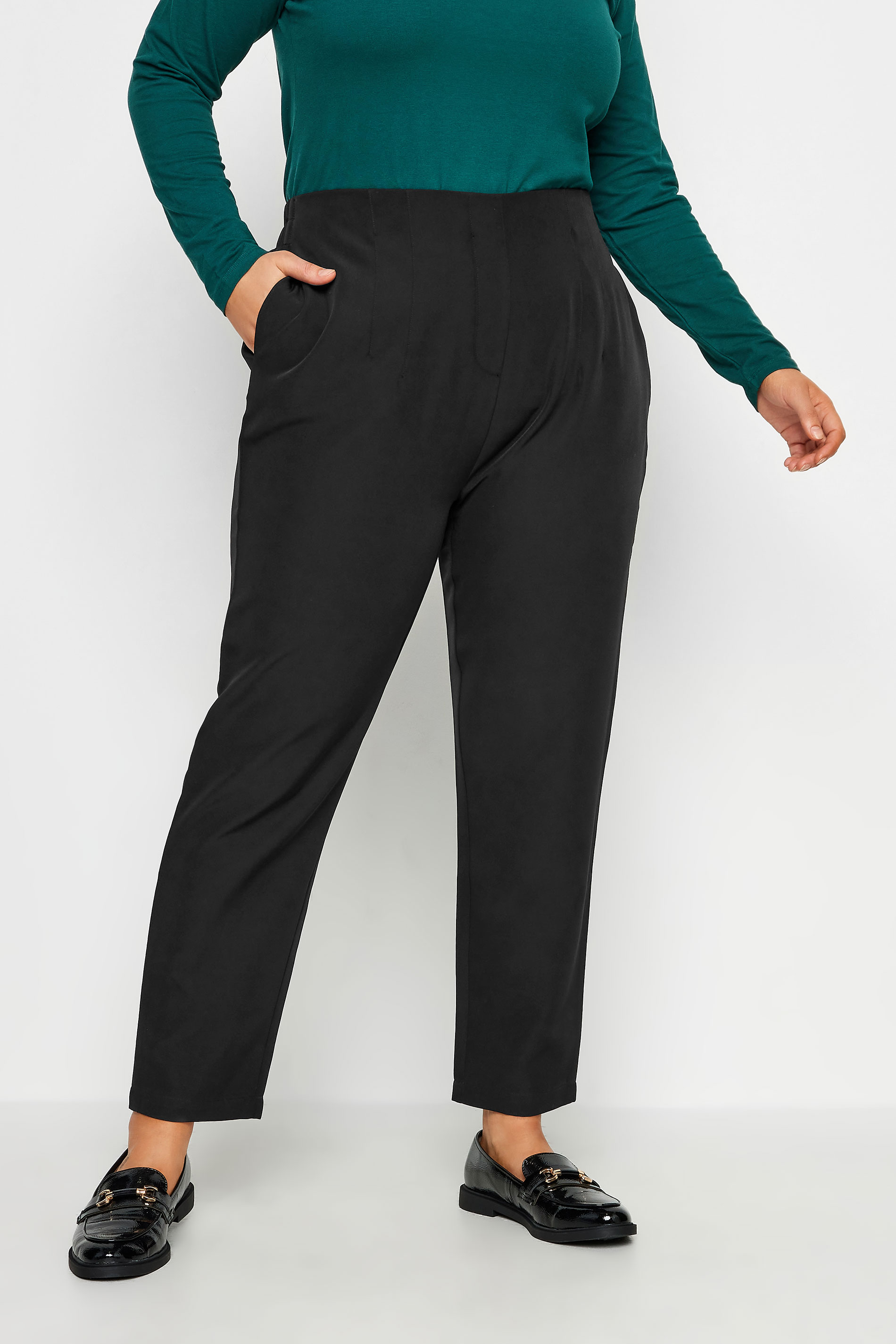 YOURS Plus Size Black Darted Waist Tapered Trousers | Yours Clothing 1