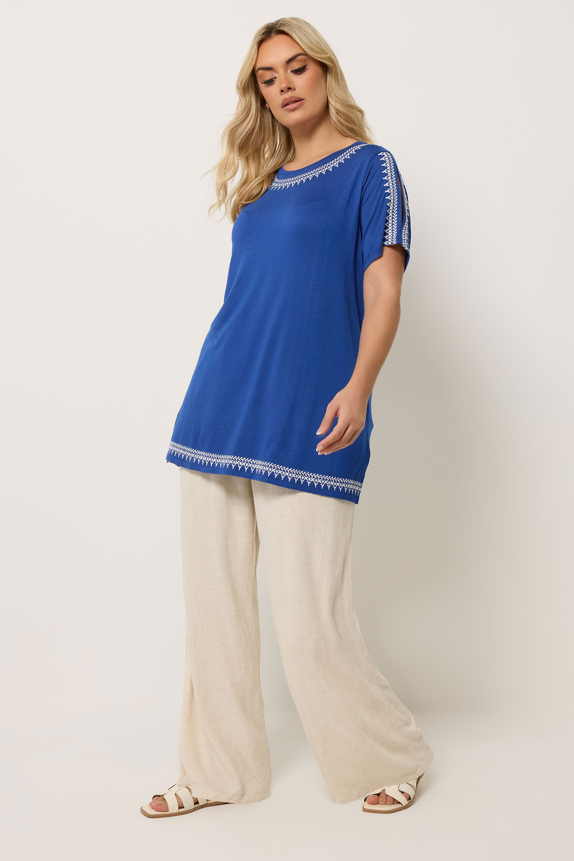 YOURS Plus Size Blue Embroidered Cold Shoulder T-Shirt | Yours Clothing 1