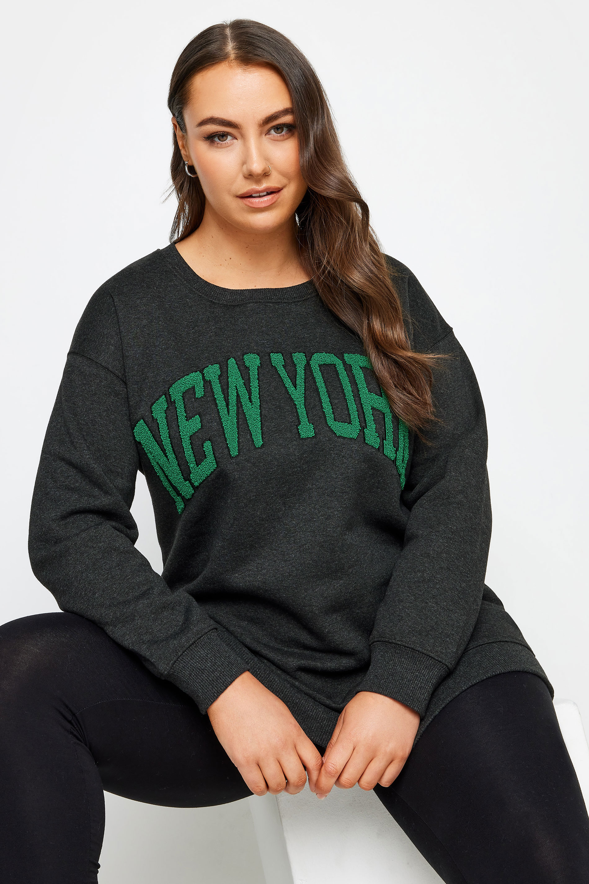 YOURS Plus Size Black 'New York' Embroidered Slogan Sweatshirt | Yours Clothing 1