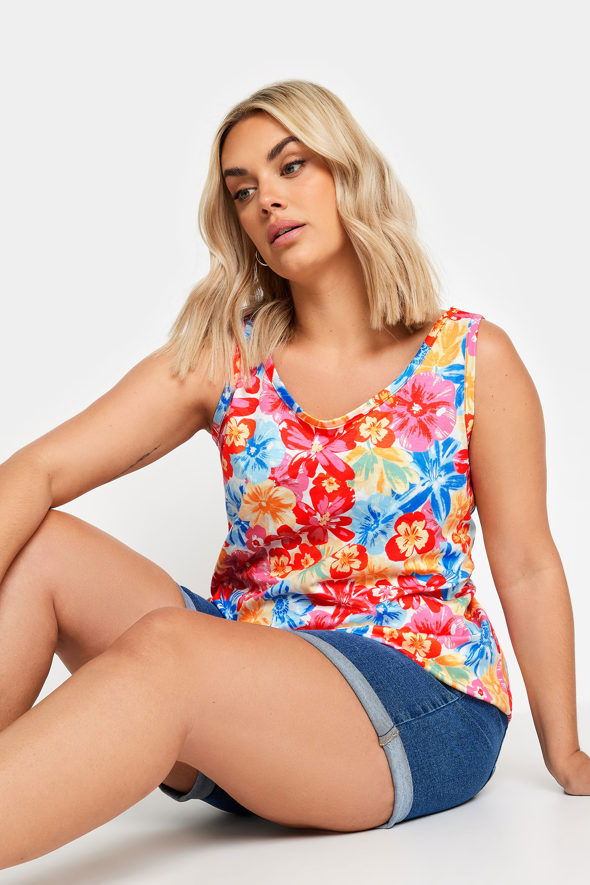 YOURS Plus Size Pink & Blue Floral Print Vest Top | Yours Clothing 2