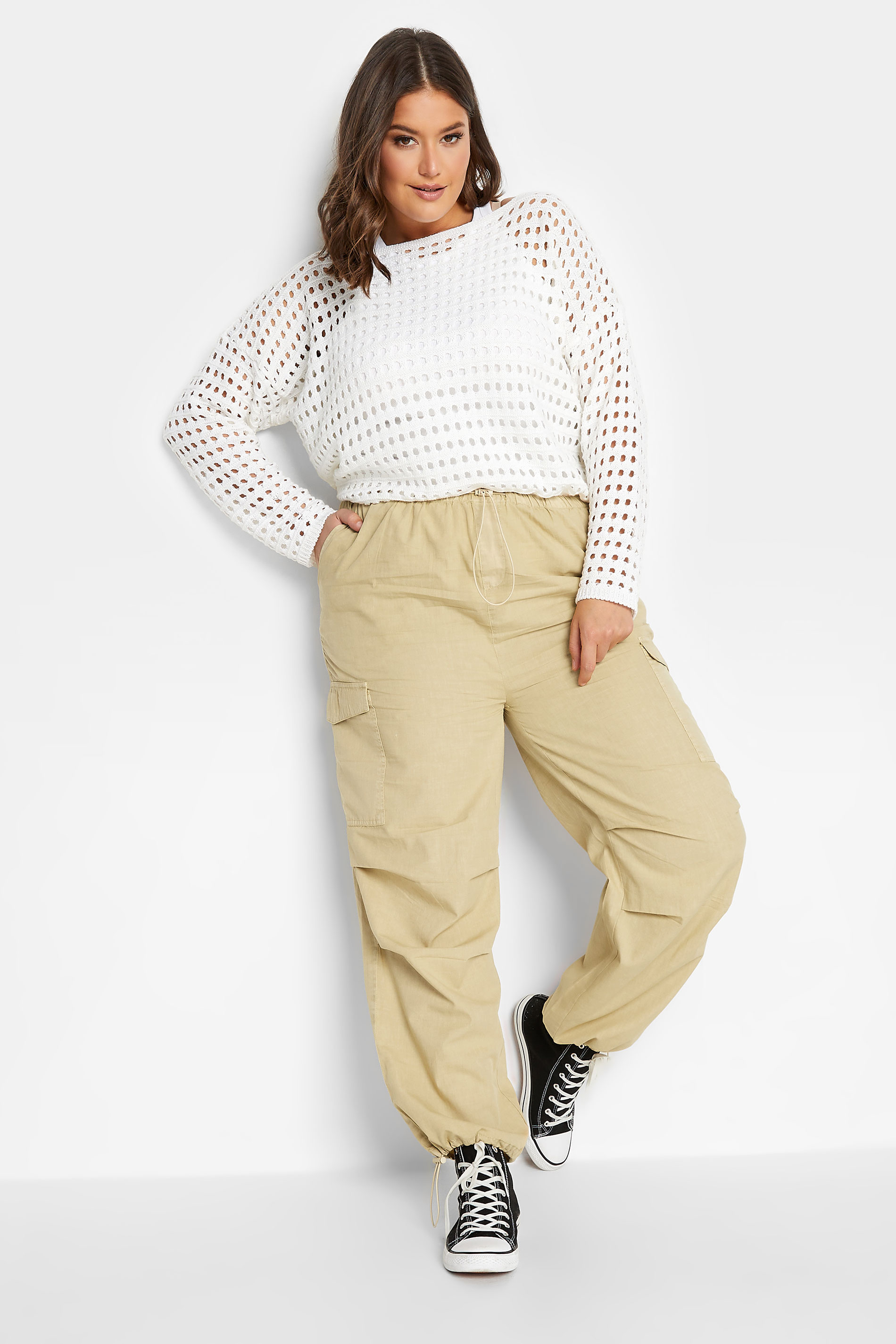 YOURS Curve Plus Size Stone Brown Cargo Parachute Trousers, 50% OFF