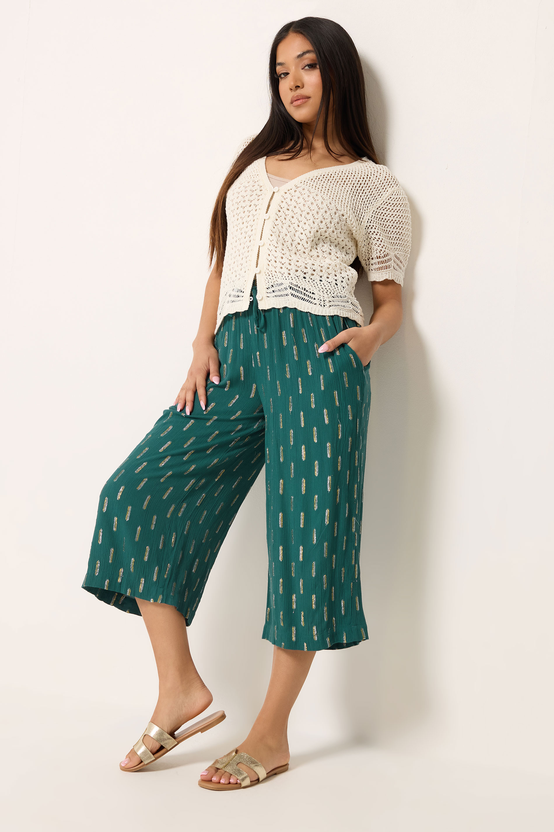 M&Co Petite Teal Green Foil Detail Cropped Trousers | M&Co 2