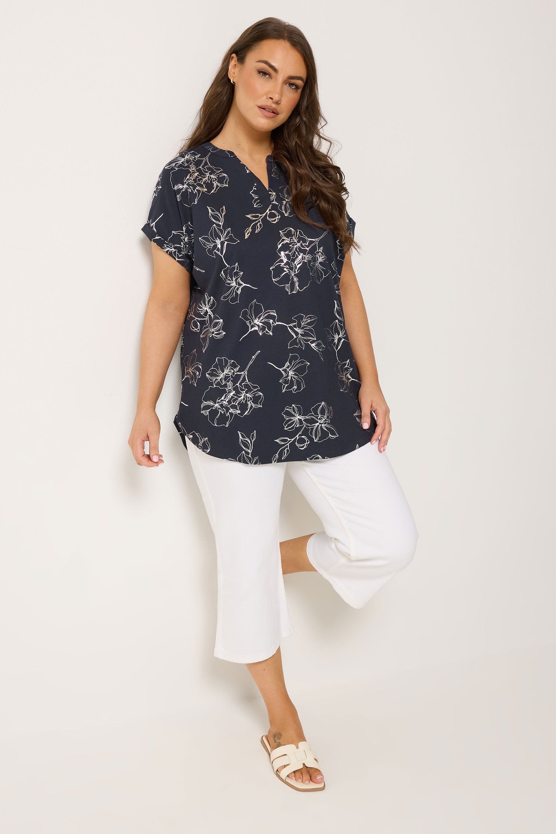YOURS Plus Size Black Floral Foil Notch Neck Top | Yours Cloting 1