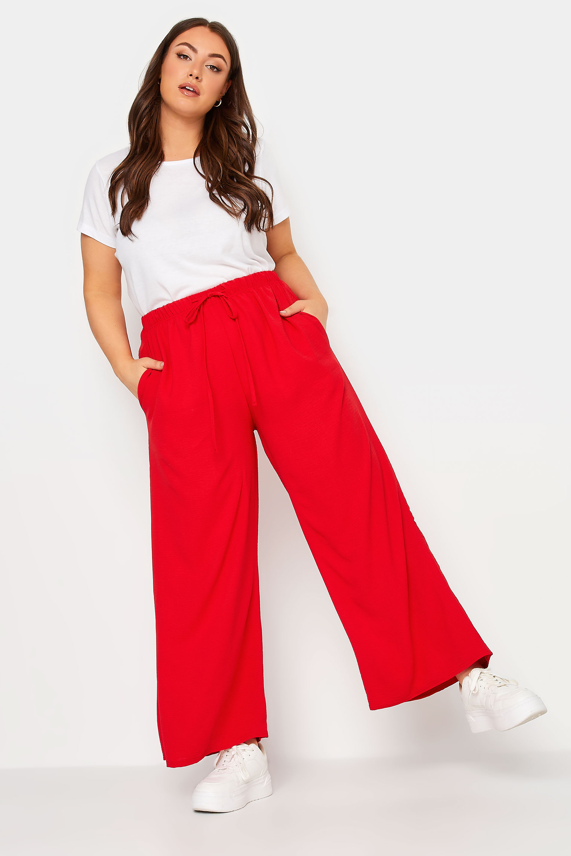 YOURS Curve Burgundy Red Wide Leg Stretch Velvet Trousers