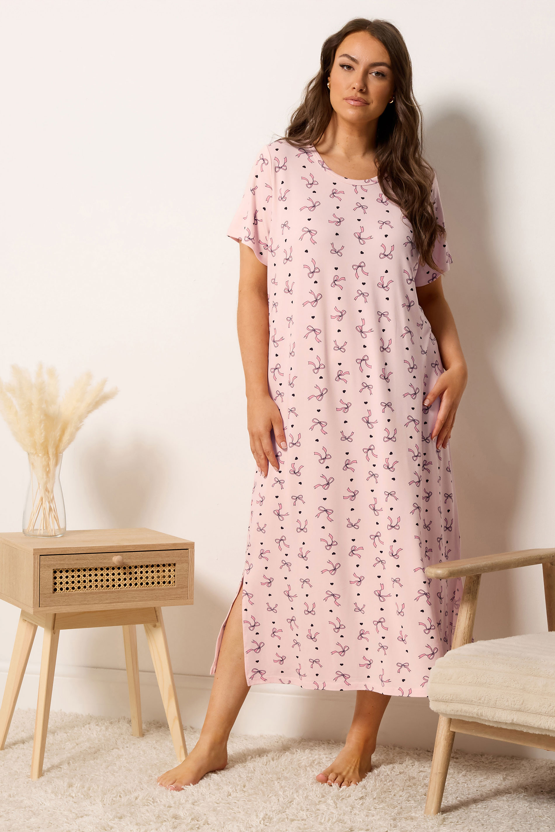 YOURSET Plus Size 2 PACK Pink Bow & Heart Print Midaxi Nightdresses | Yours Clothing 1
