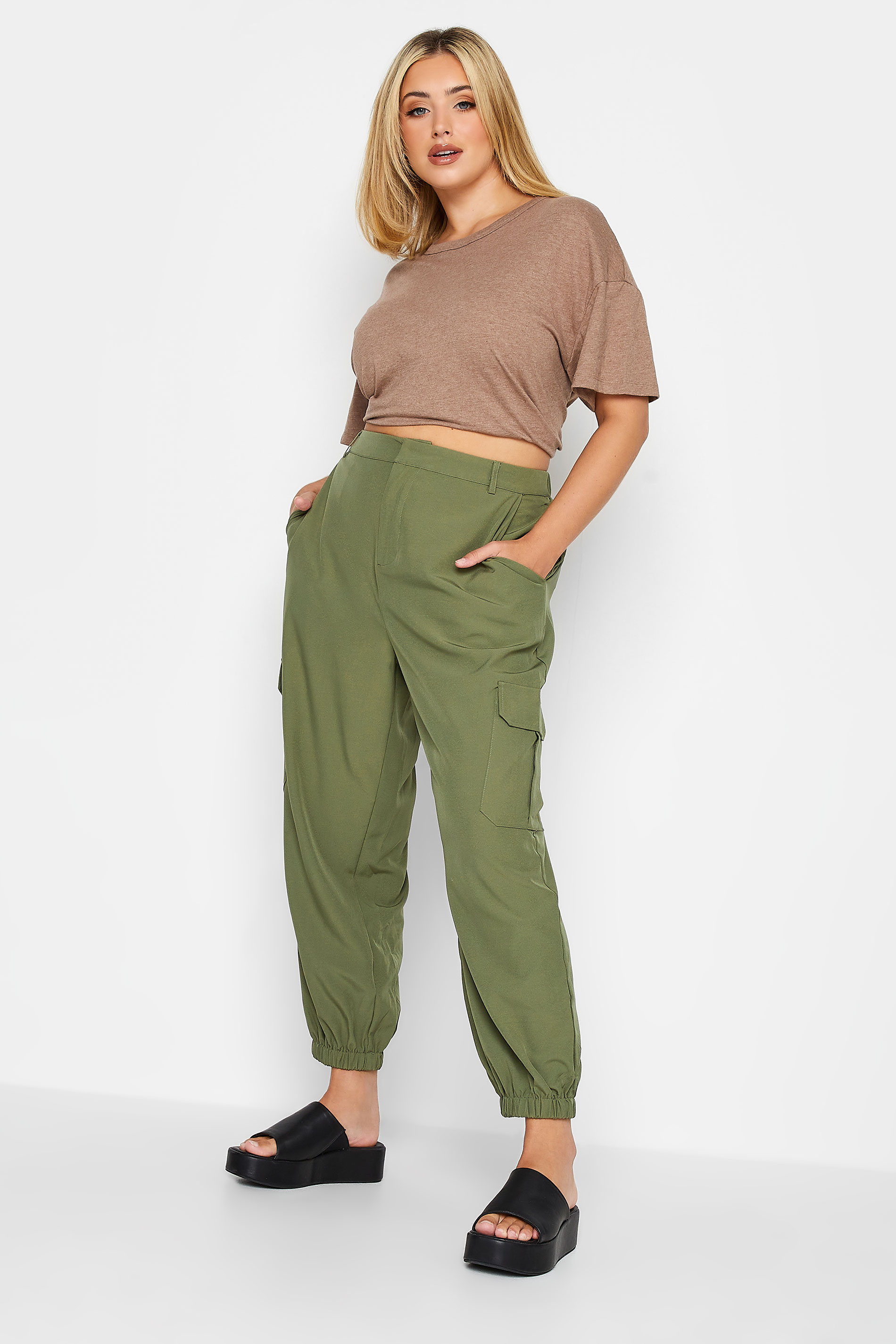 YOURS PETITE Curve Khaki Green Cargo Trousers | Yours Clothing