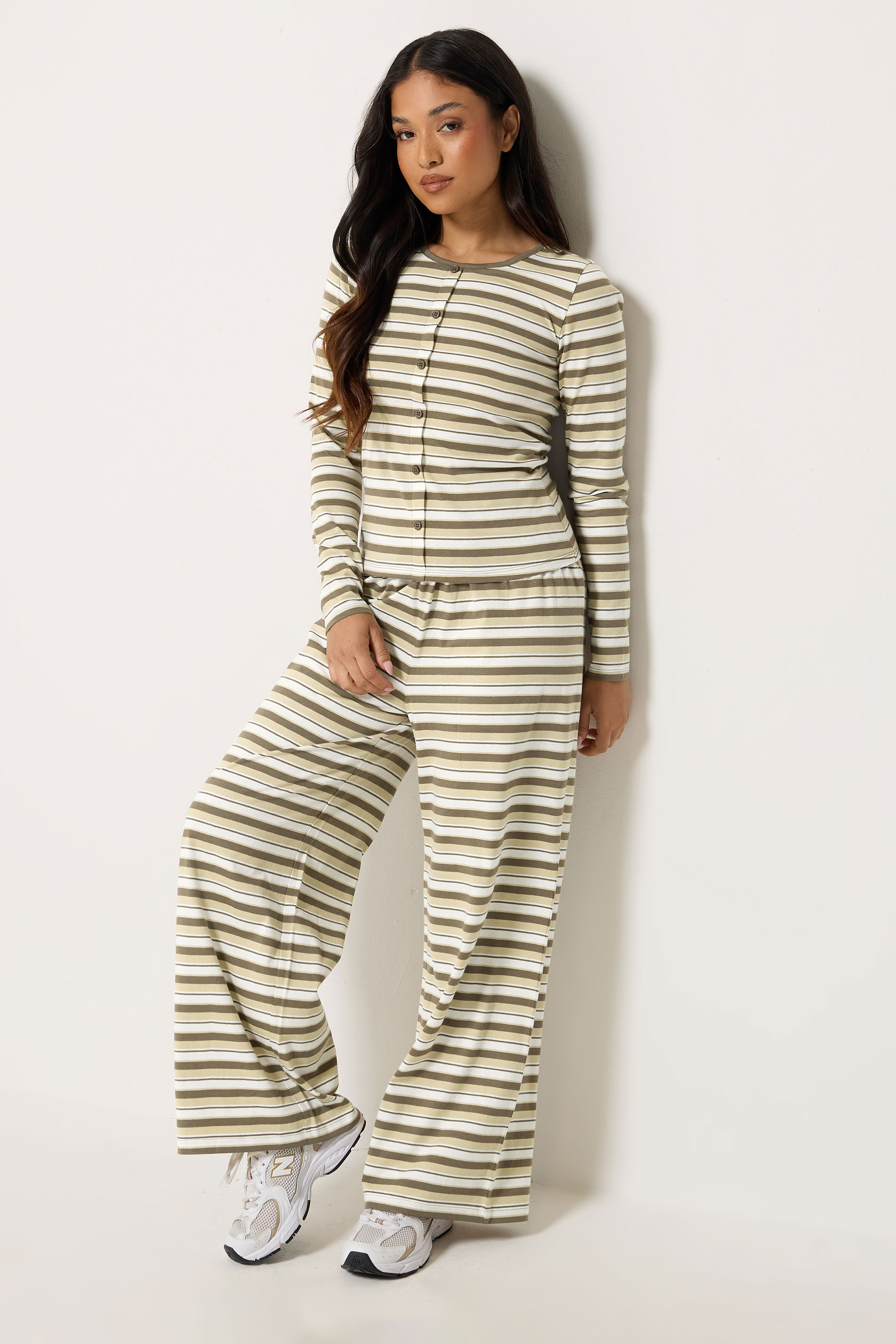 PixieGirl Petite Women's Set Brown Stripe Cotton Button Top & Wide Leg Trousers | PixieGirl 3