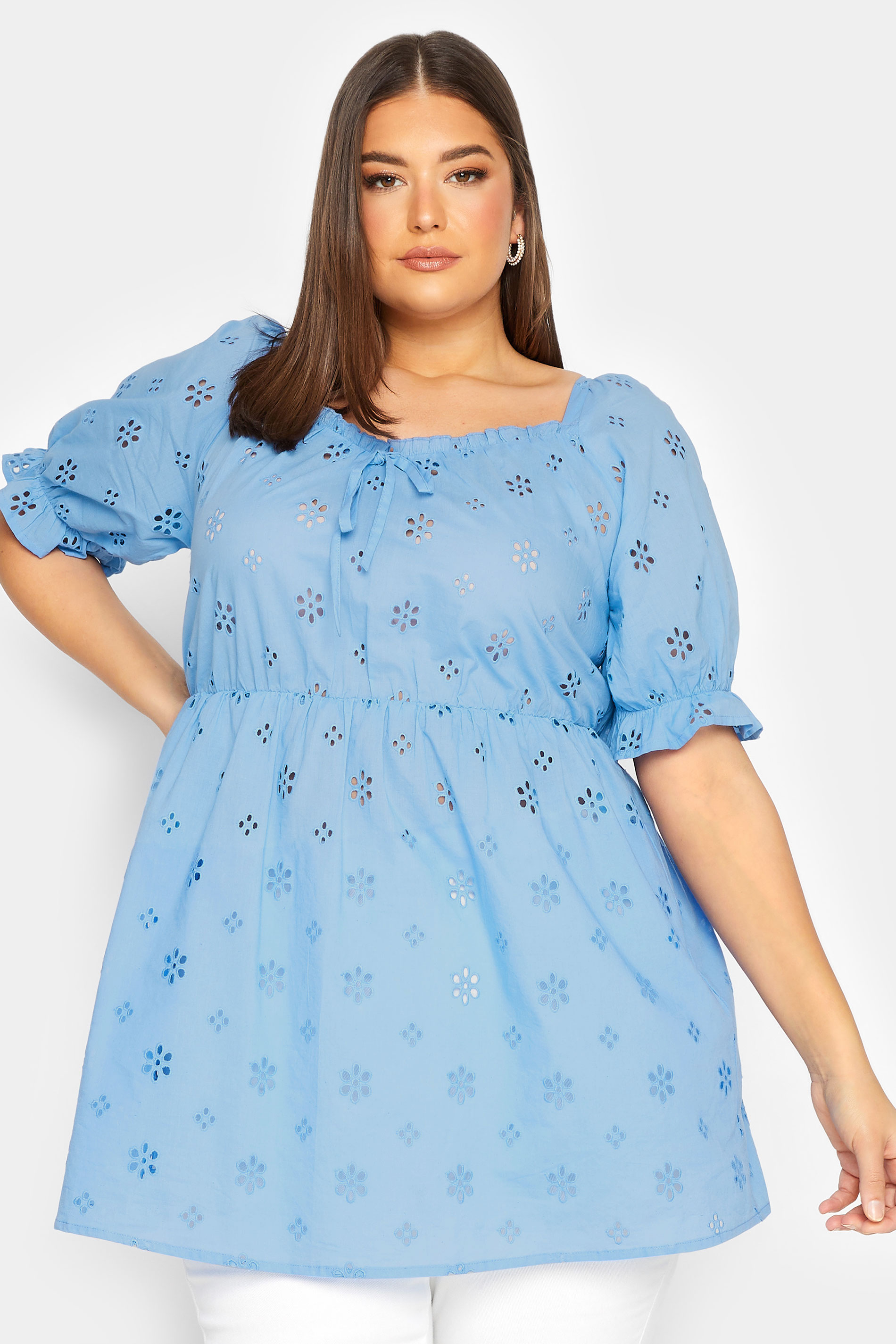 YOURS Plus Size Curve Blue Broderie Anglaise Peplum Top | Yours Clothing  2