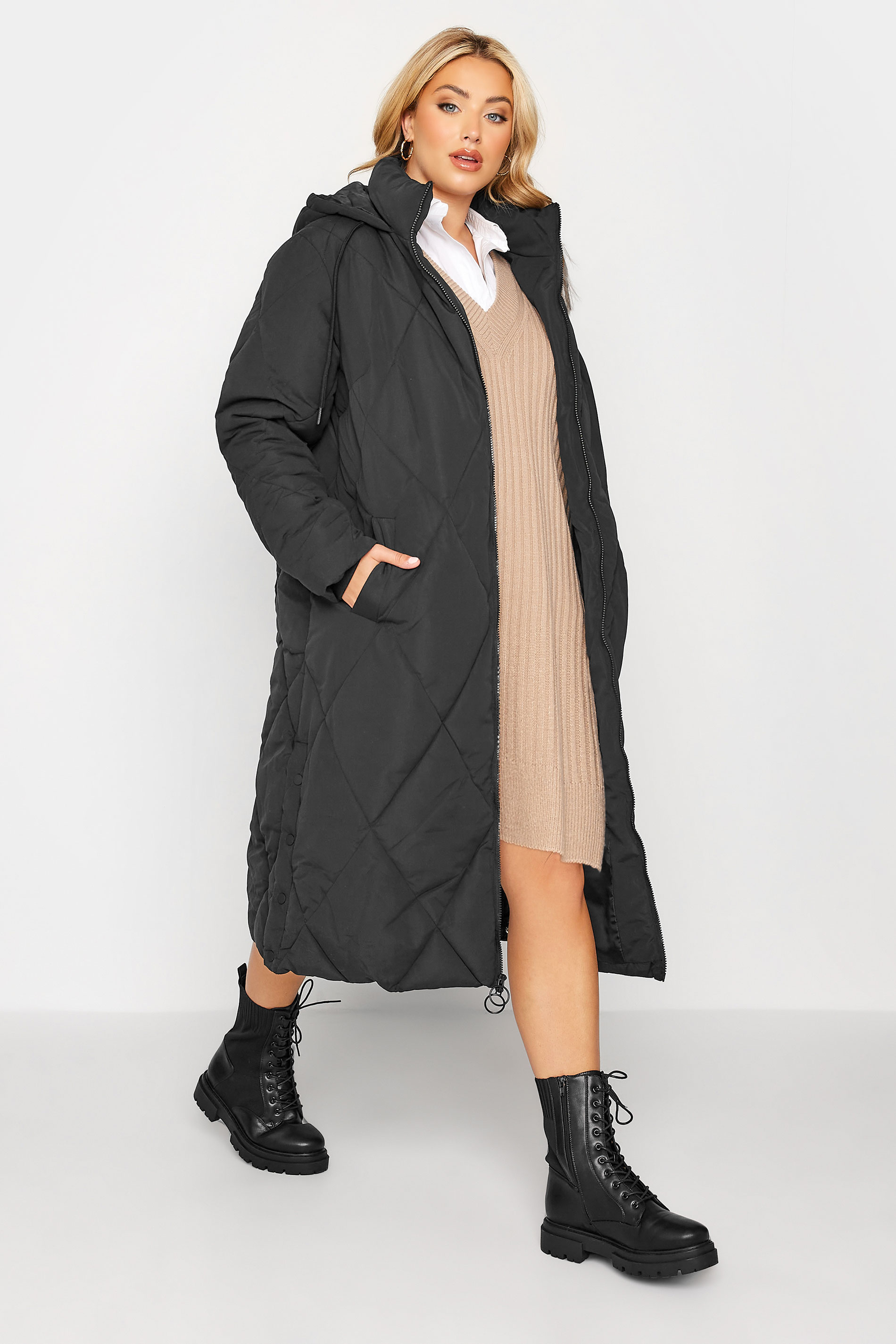 Plus Size Black Quilted Midaxi Coat | Yours Clothing 2