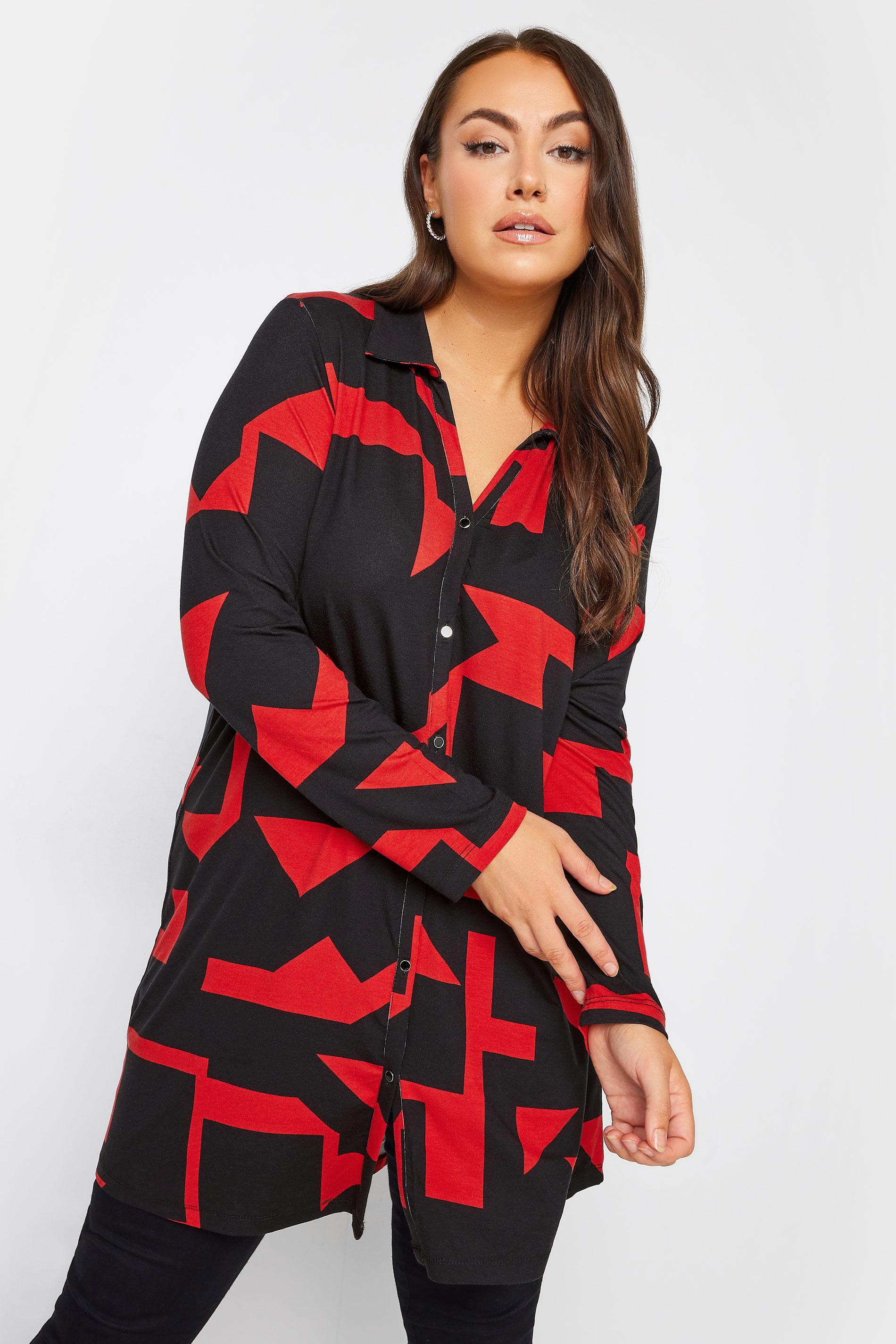 YOURS Curve Plus Size Black & Red Geometric Print Tunic Shirt | Yours Clothing  2