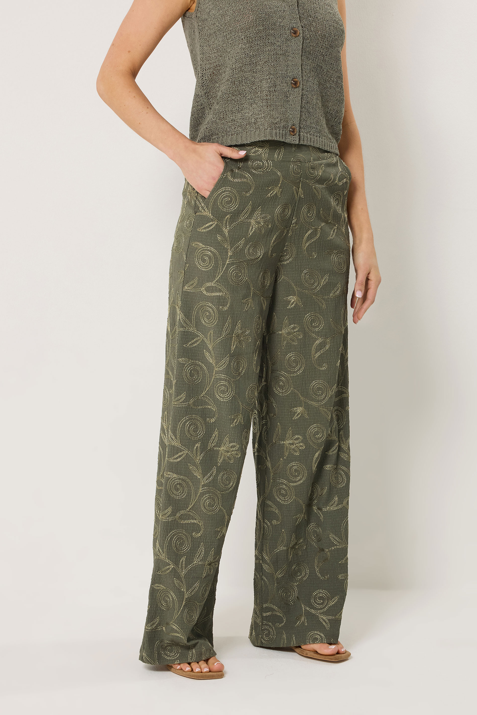 LTS Tall Women's Olive Green Floral Embroidered Wide Leg Trousers | Long Tall Sally 2