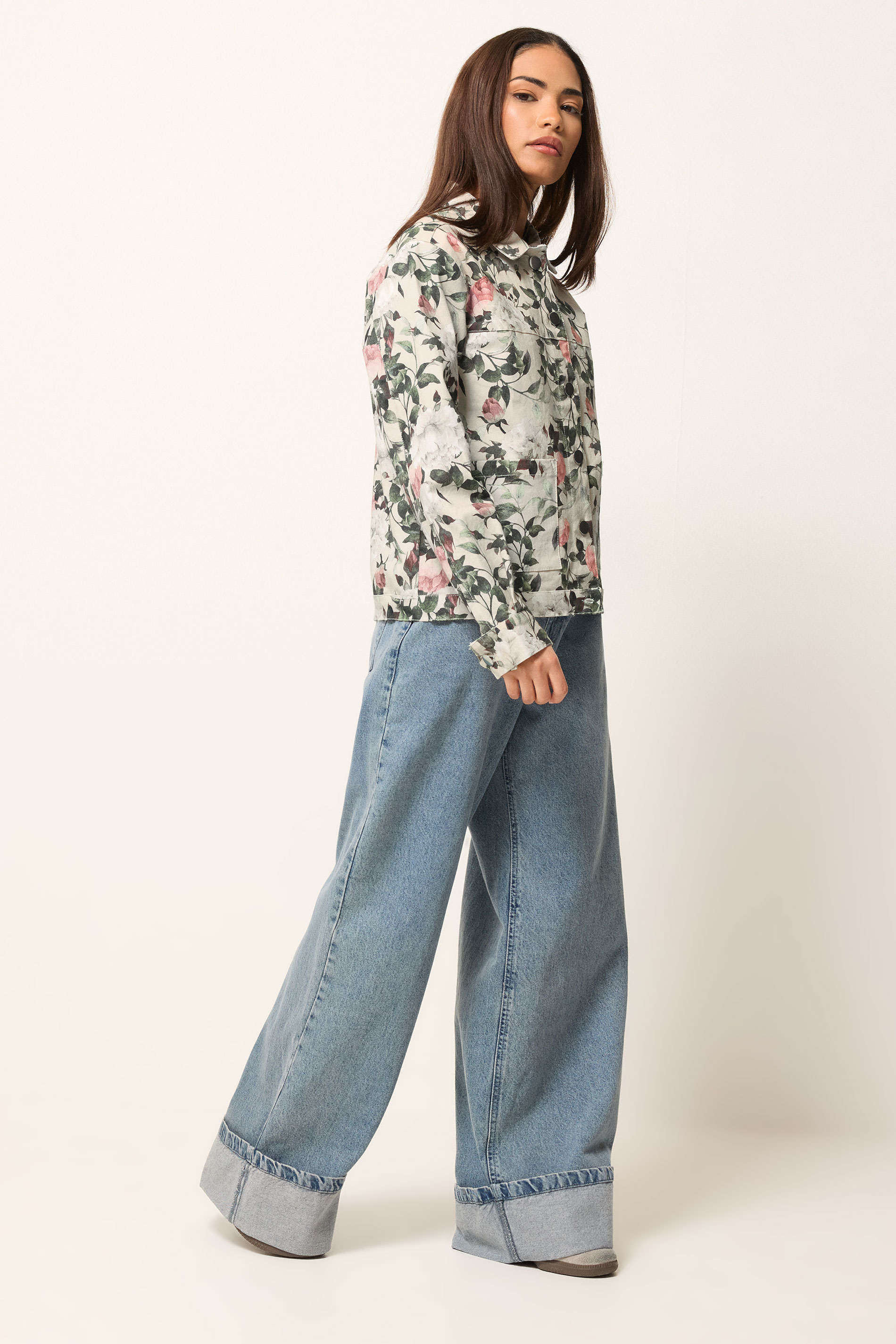 PixieGirl Petite Women's Cream Floral Denim Jacket | PixieGirl 1