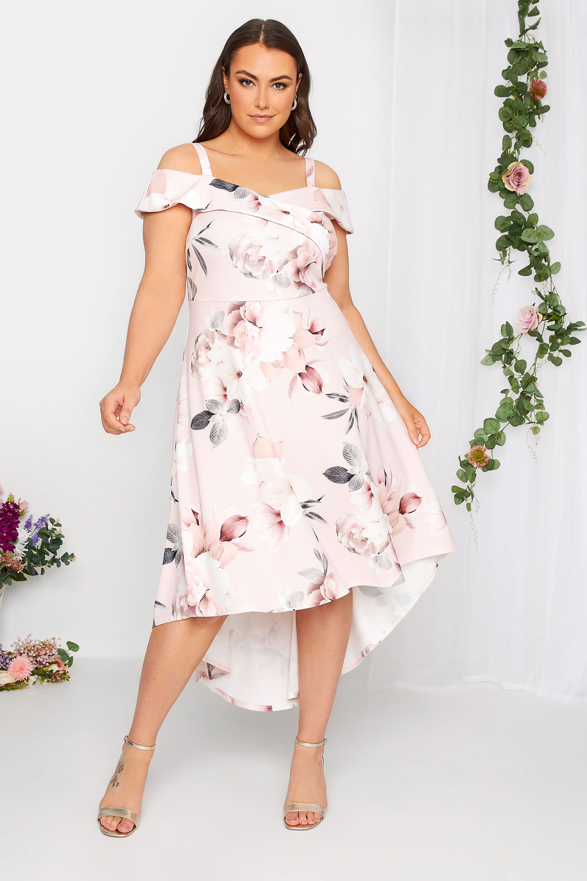 YOURS LONDON Plus Size Light Pink Floral Bardot High Low Midi Dress | Yours Clothing 1