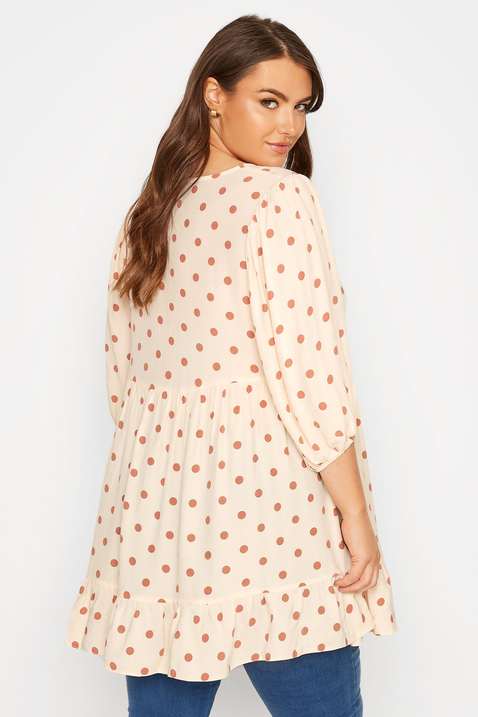 Plus Size Beige Brown Polka Dot Tie Neck Smock Top | Yours Clothing  3