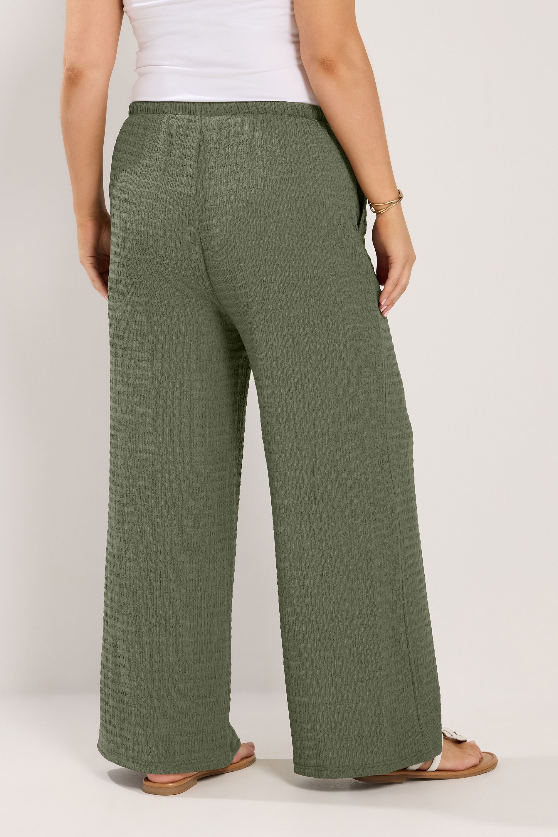 YOURS Plus Size Khaki Green Wide Leg Crinkle Trousers | Yours Clothing 2