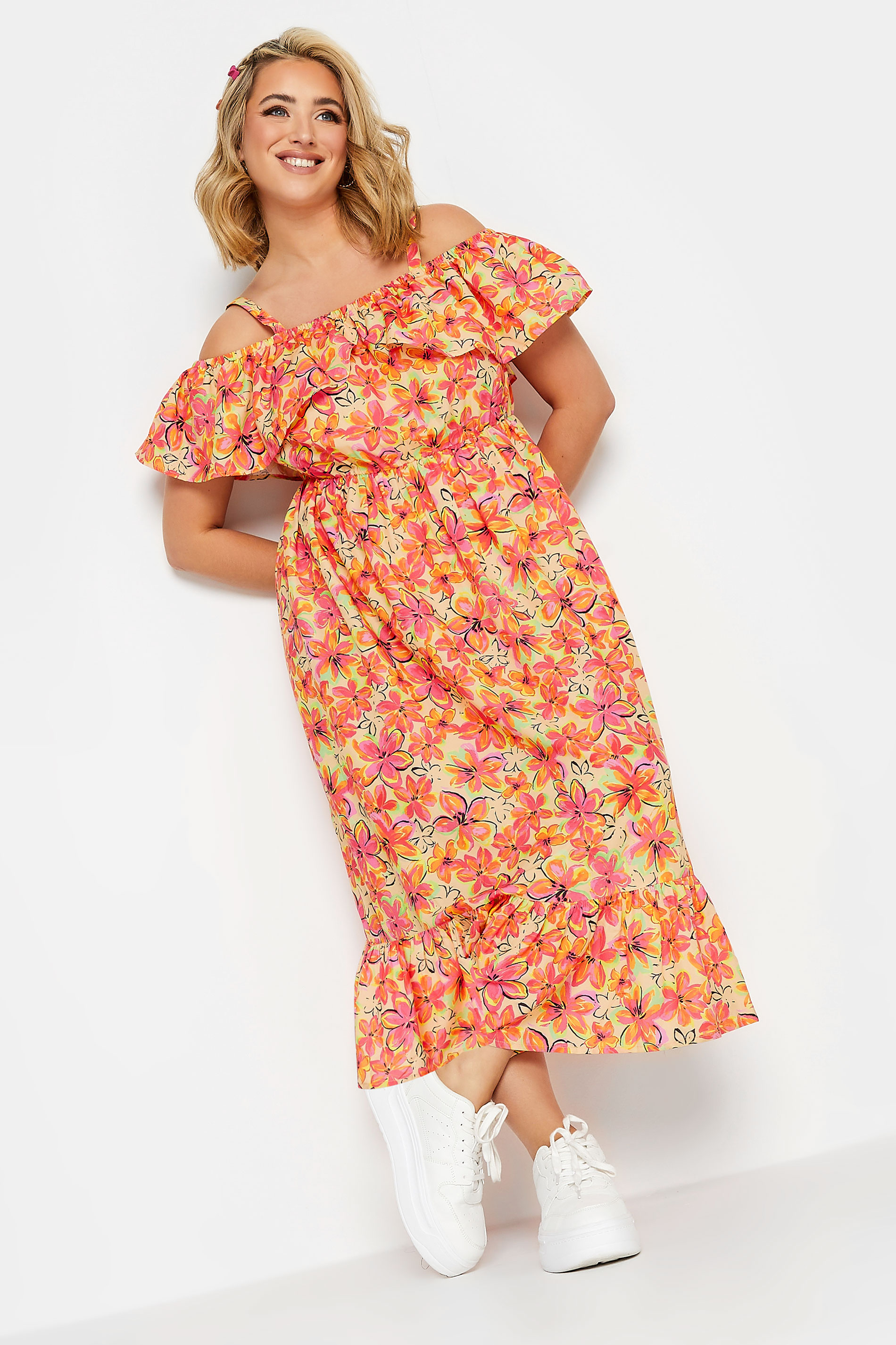 YOURS Plus Size Orange Floral Frill Cold Shoulder Midi Dress | Yours Clothing 1