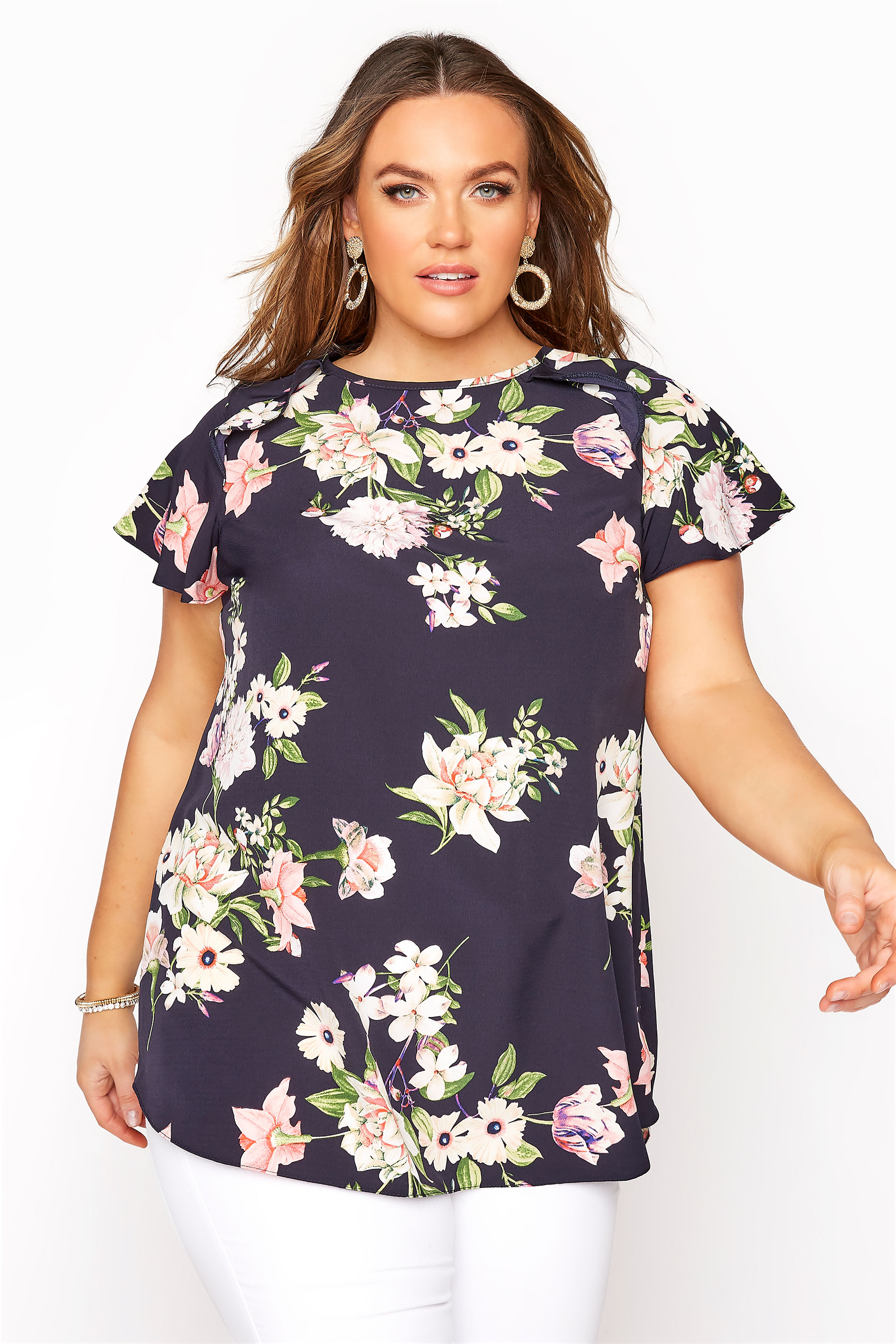Navy Floral Frill Shoulder Blouse | Yours Clothing