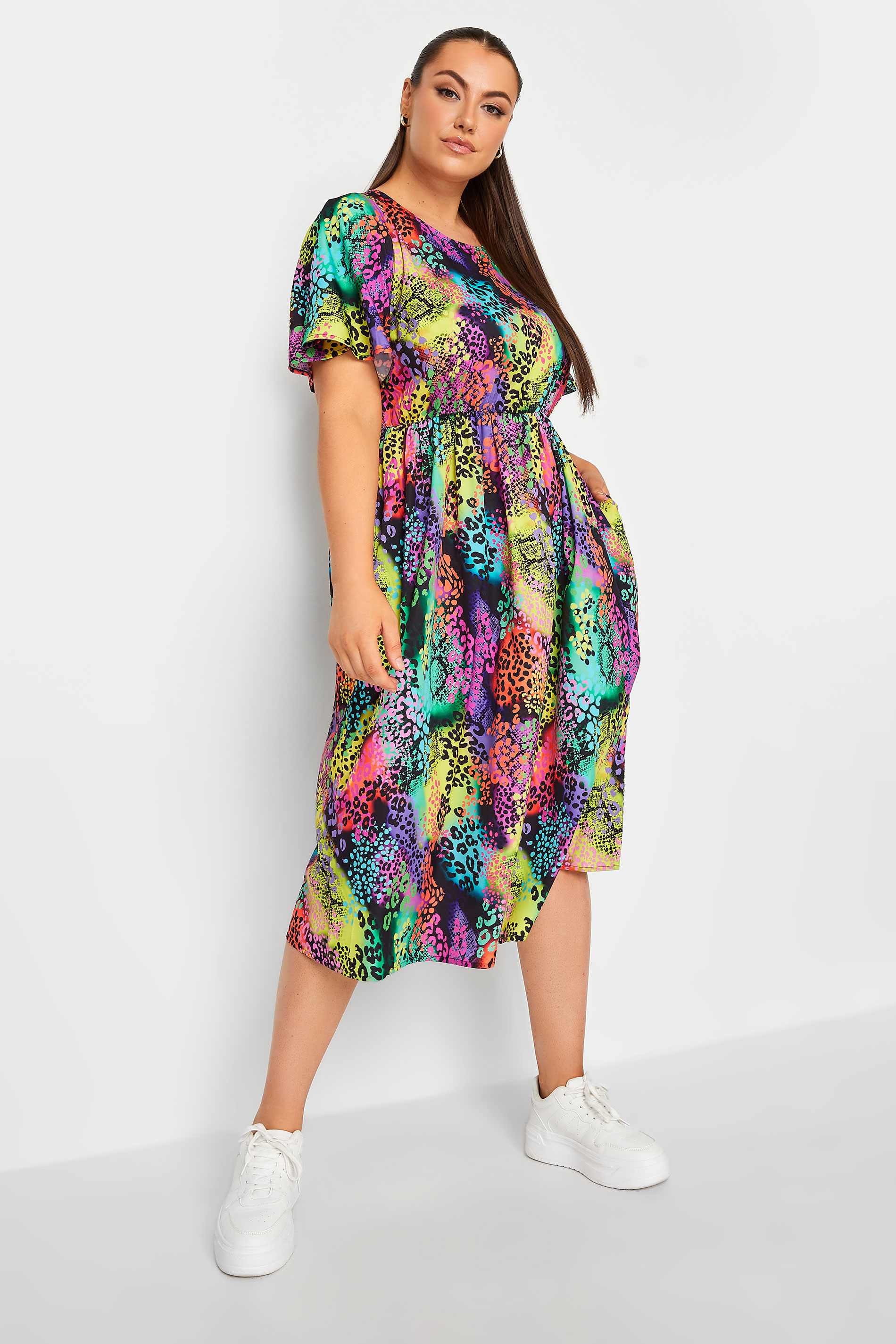 YOURS Curve Plus Size Black Rainbow Leopard Print Midi Dress | Yours Clothing  2