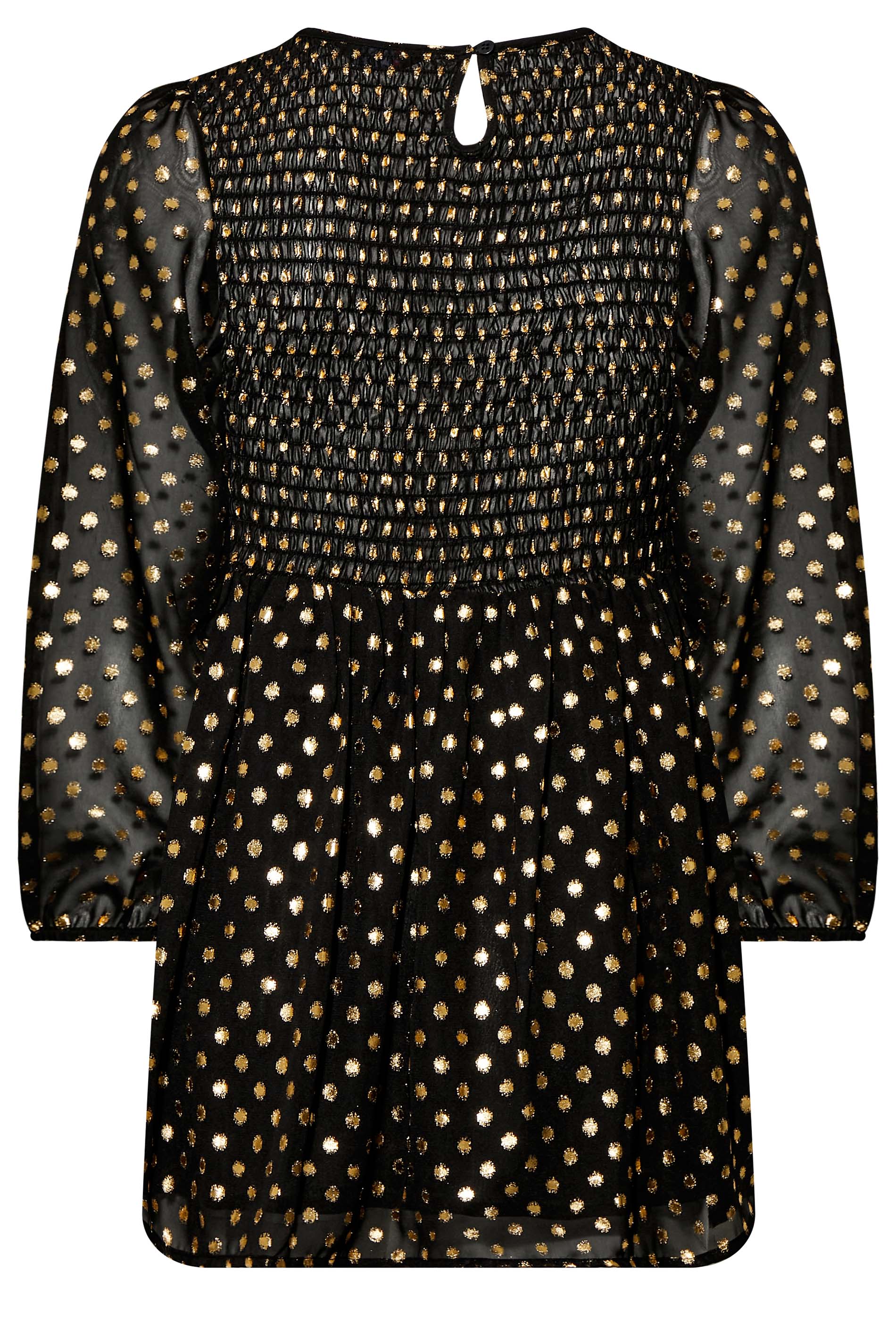 Plus Size Black And Gold Metallic Spot Print Shirred Peplum Top Yours