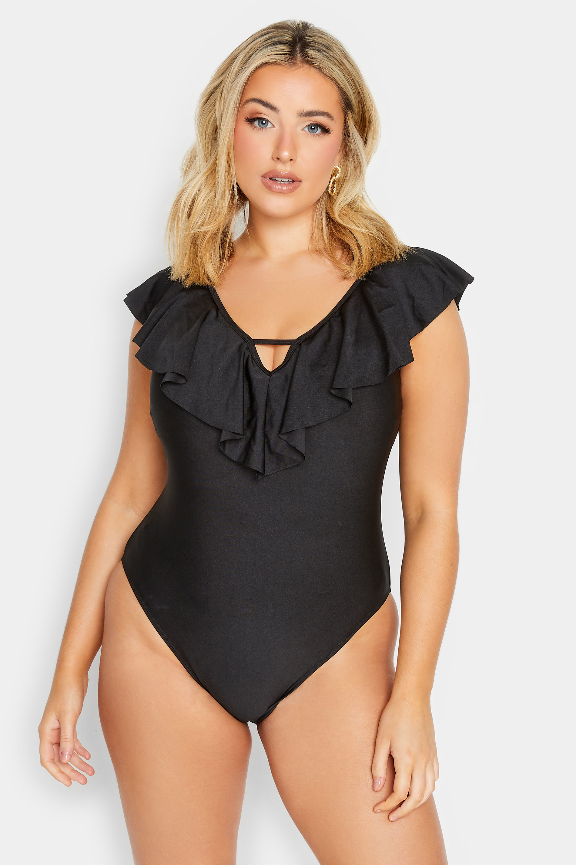 YOURS Plus Size Curve Black Frill Plunge Tummy Control Swimsuit | Yours Clothing  1