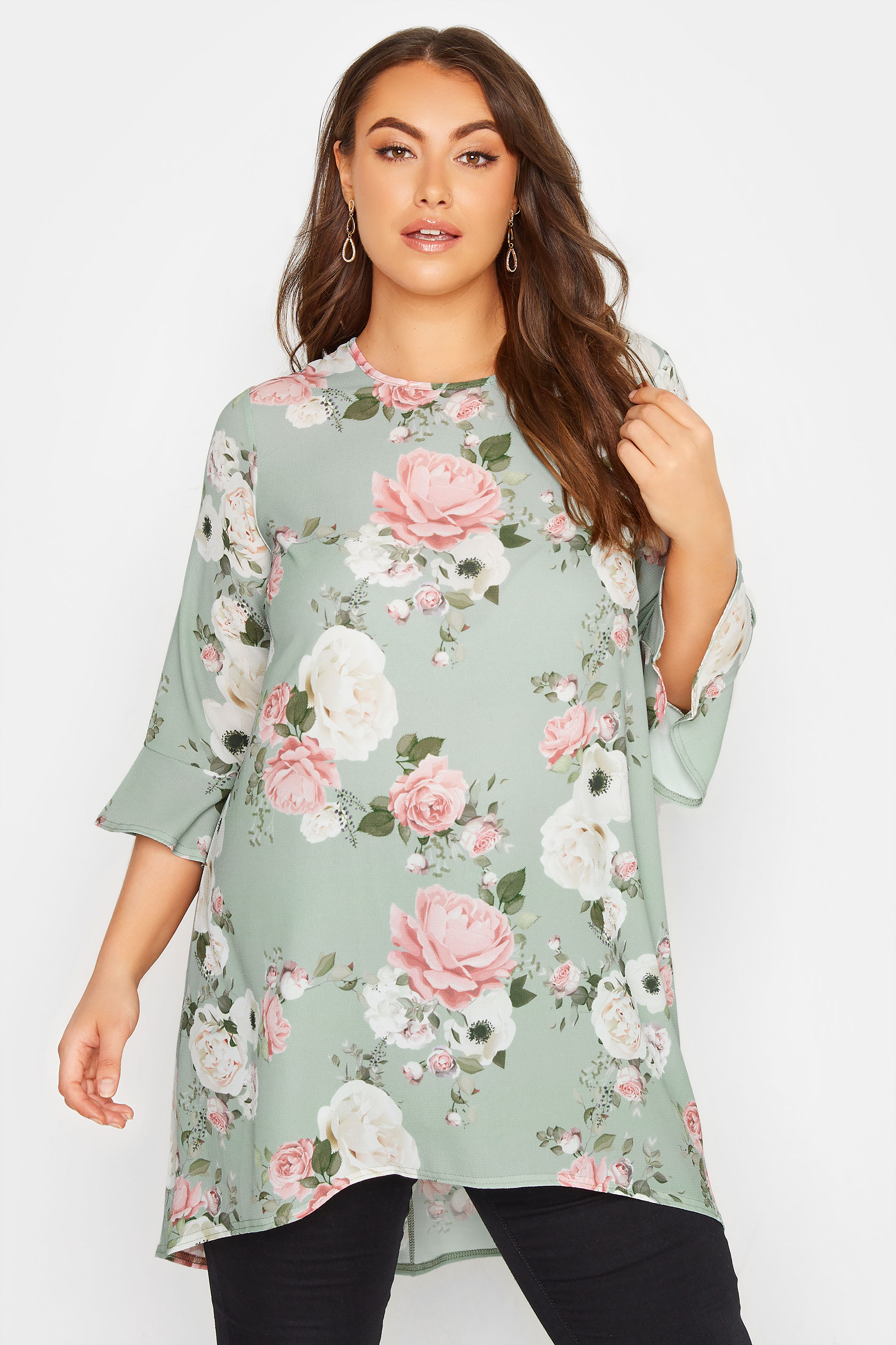 YOURS LONDON Plus Size Sage Green Floral Print Flute Sleeve Tunic Top | Yours Clothing 1