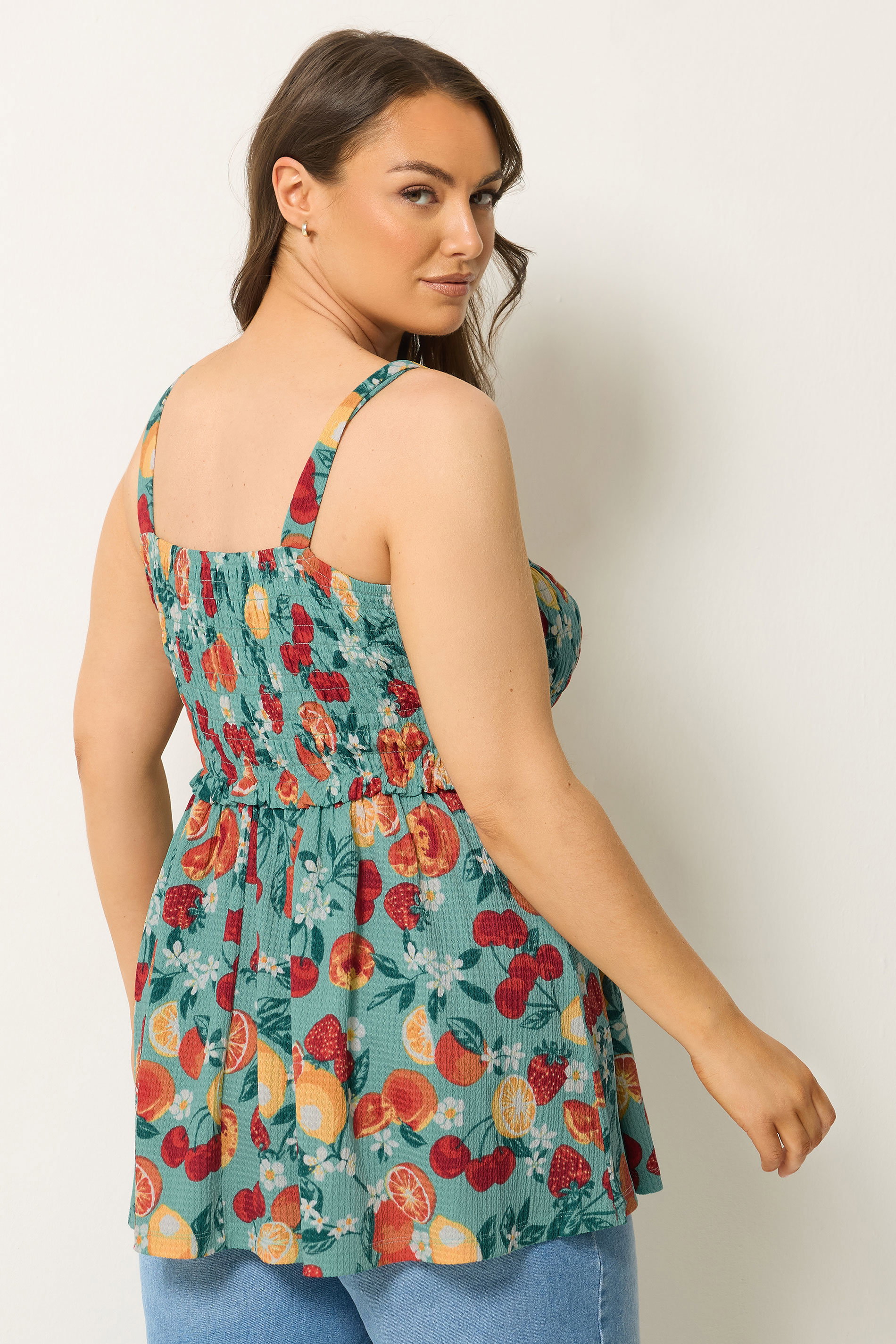 YOURS Plus Size Green Fruit Print Peplum Vest Top | Yours Clothing 2