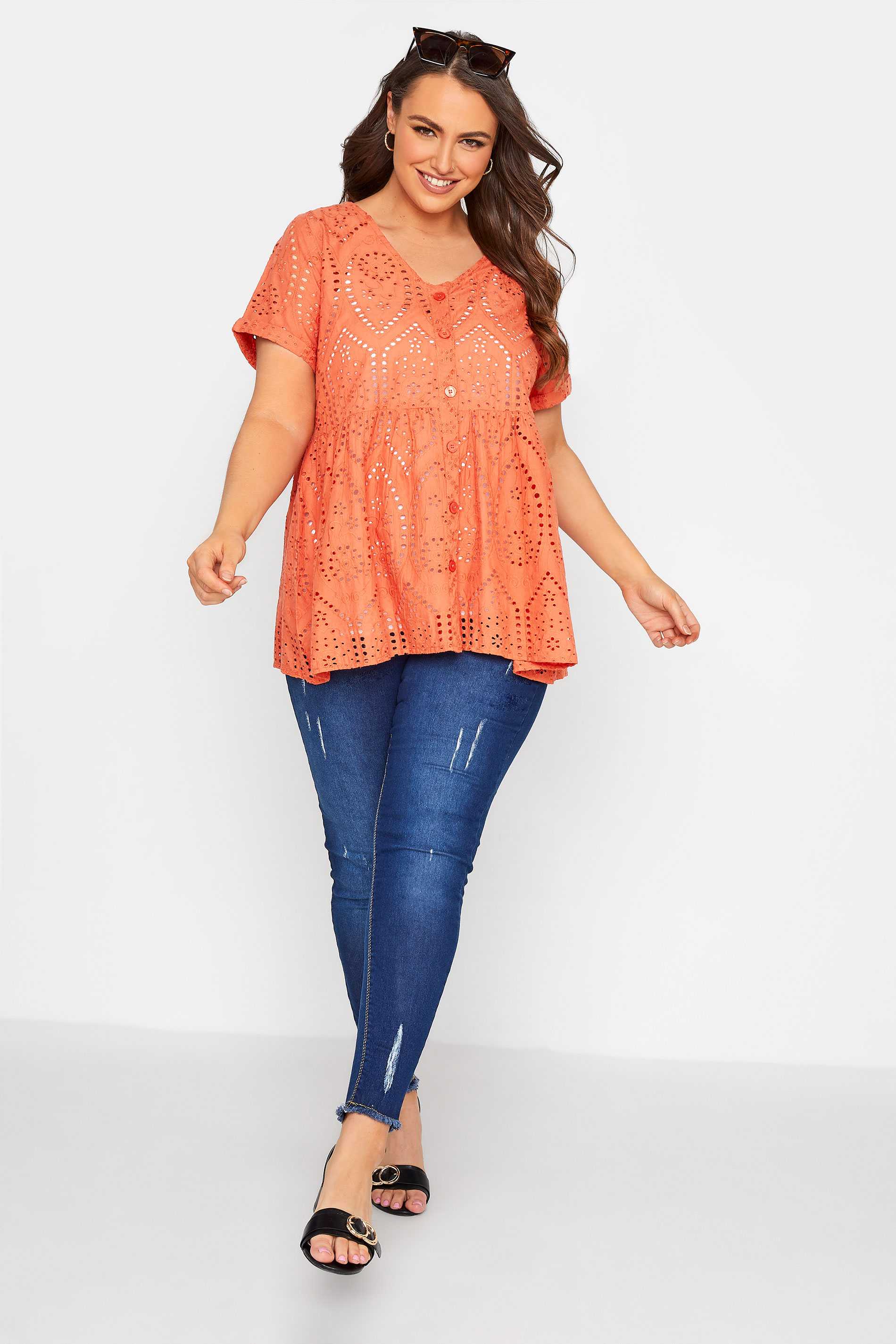 Grande taille  Tops Grande taille  Tops Casual | Top Orange Brodé Smocké Manches Courtes - NC77372