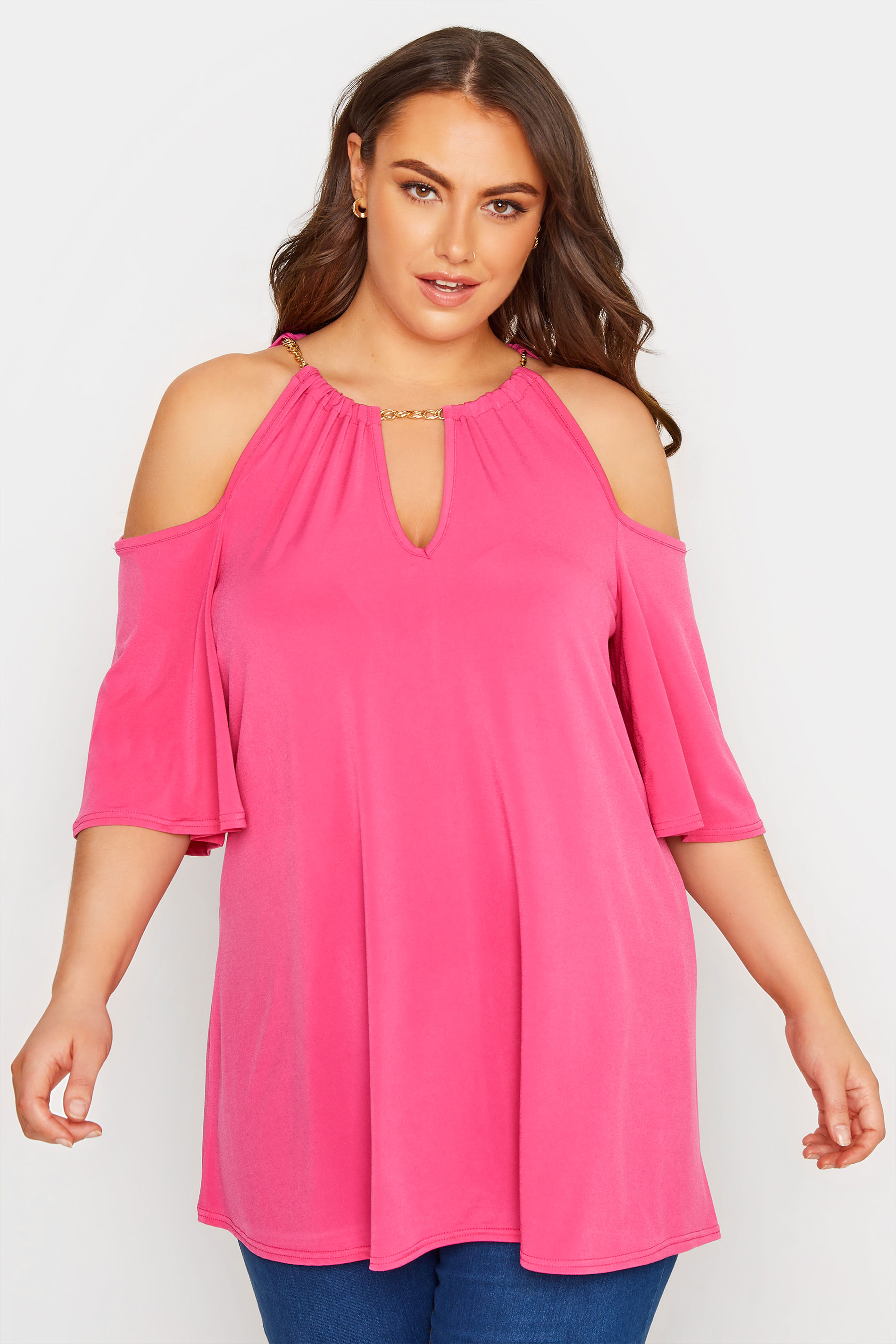 YOURS LONDON Curve Hot Pink Chain Neckline Cold Shoulder Top_A.jpg