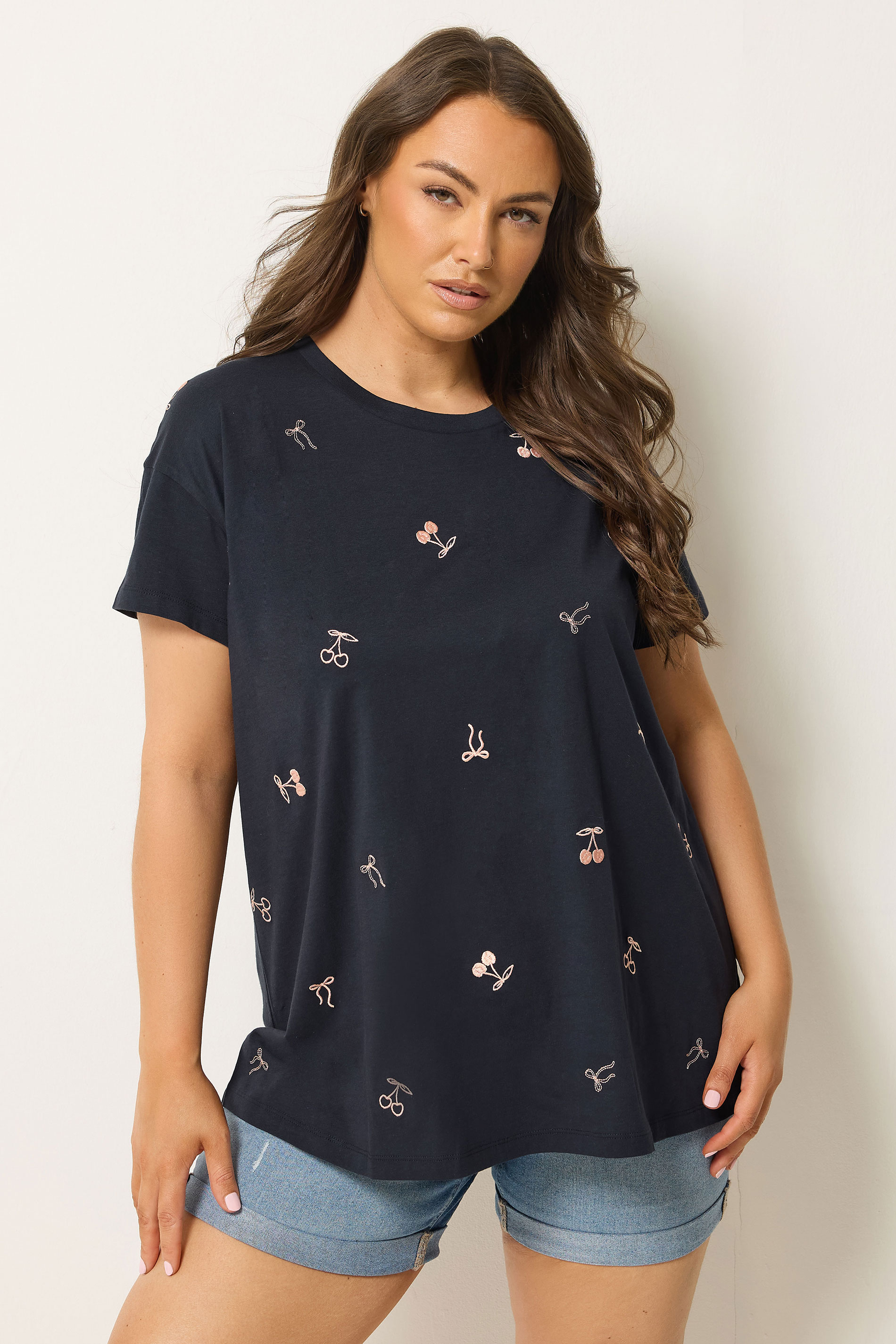 YOURS Plus Size Navy Blue Embroidered Cherry Bow T-Shirt | Yours Clothing 3