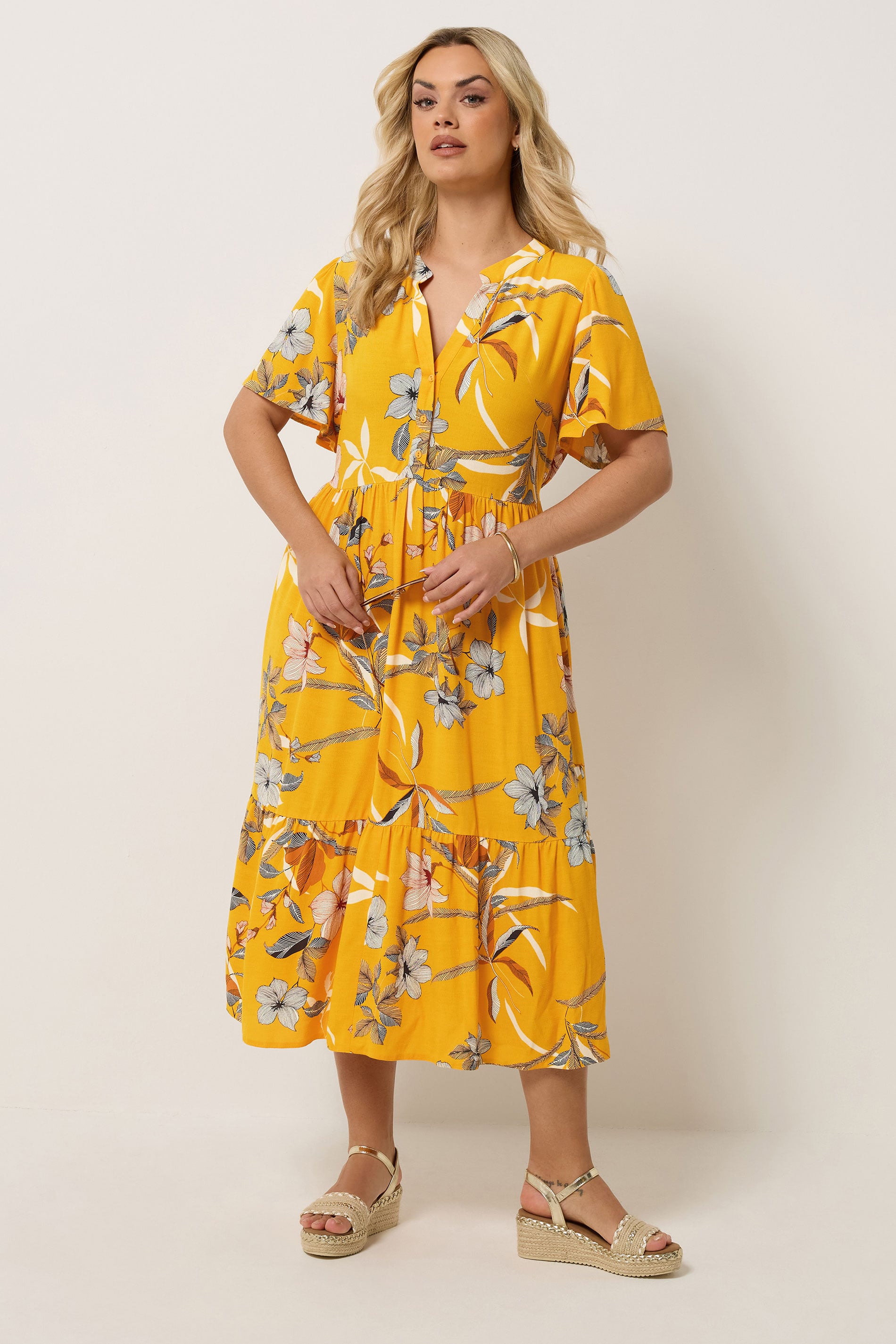 YOURS Plus Size Yellow Tropical Half Placket Dress | Yours Clothing 1