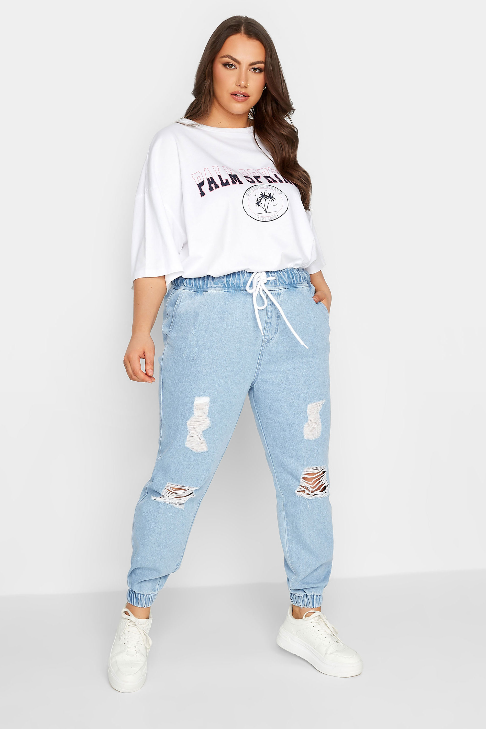 YOURS Plus Size Bleach Blue Ripped Jogger Jeans | Yours Clothing 2