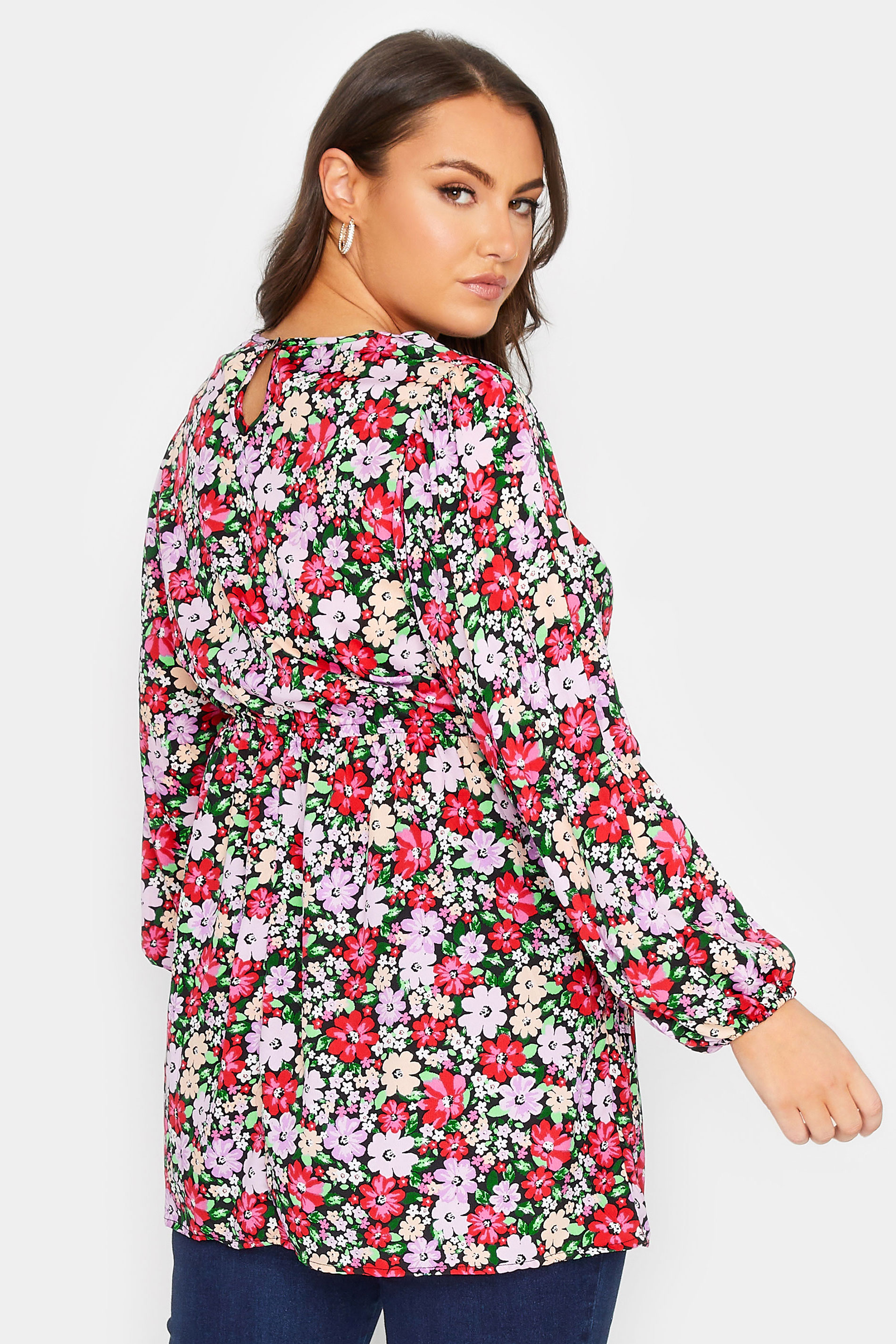Curve Plus Size Pink & Purple Floral Balloon Sleeve Shirred Waist Peplum Top | Yours Clothing  3
