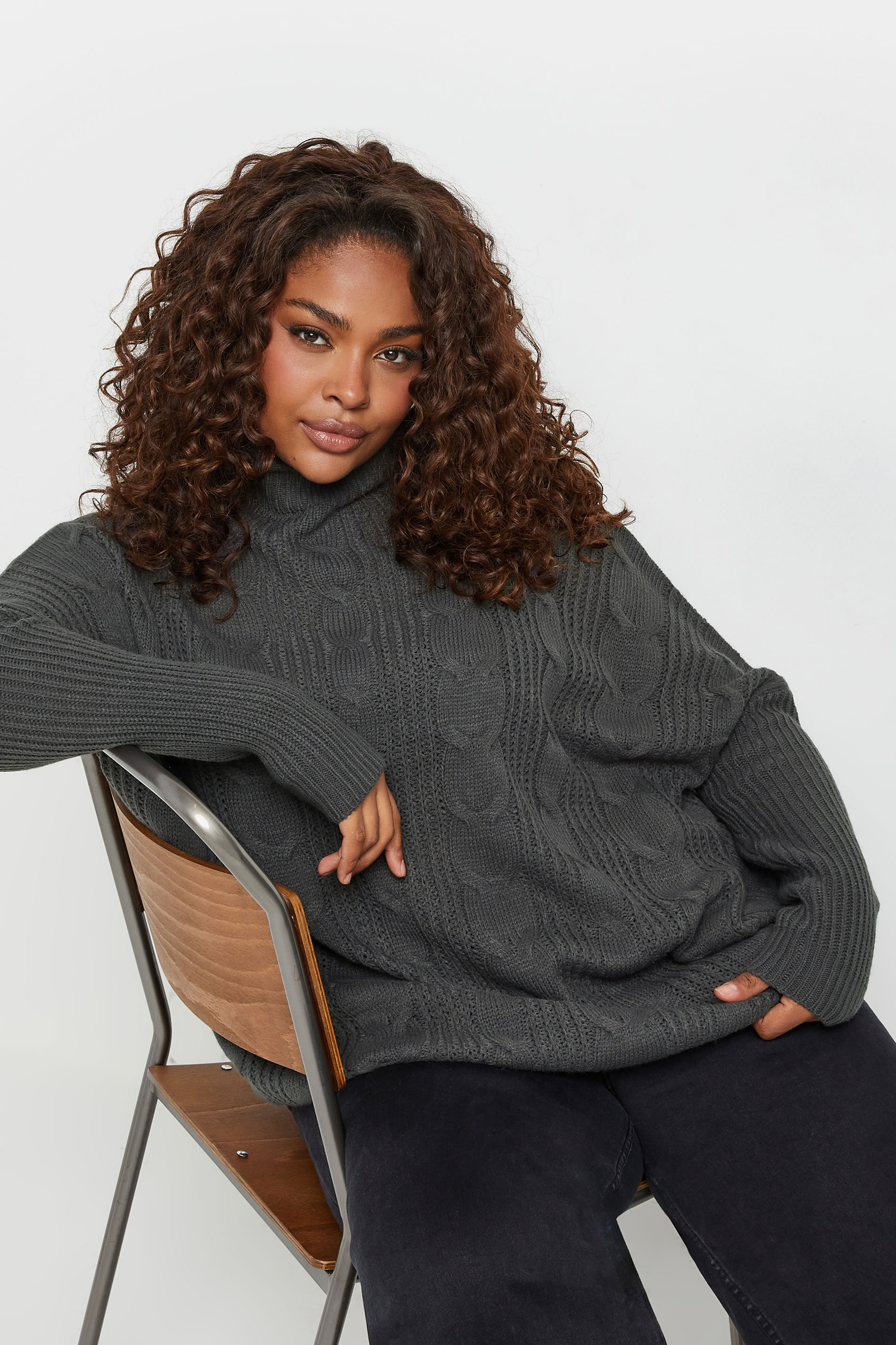 Yours Curve Charcoal Grey Oversized Cable Knit Jumper, Womens Curve & Plus Size, Yours