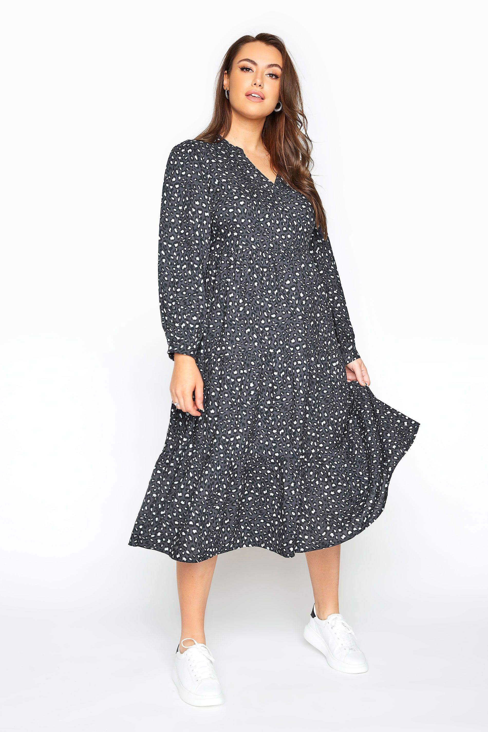 LIMITED COLLECTION Grey Leopard Print Tiered Smock Midi Dress | Yours ...