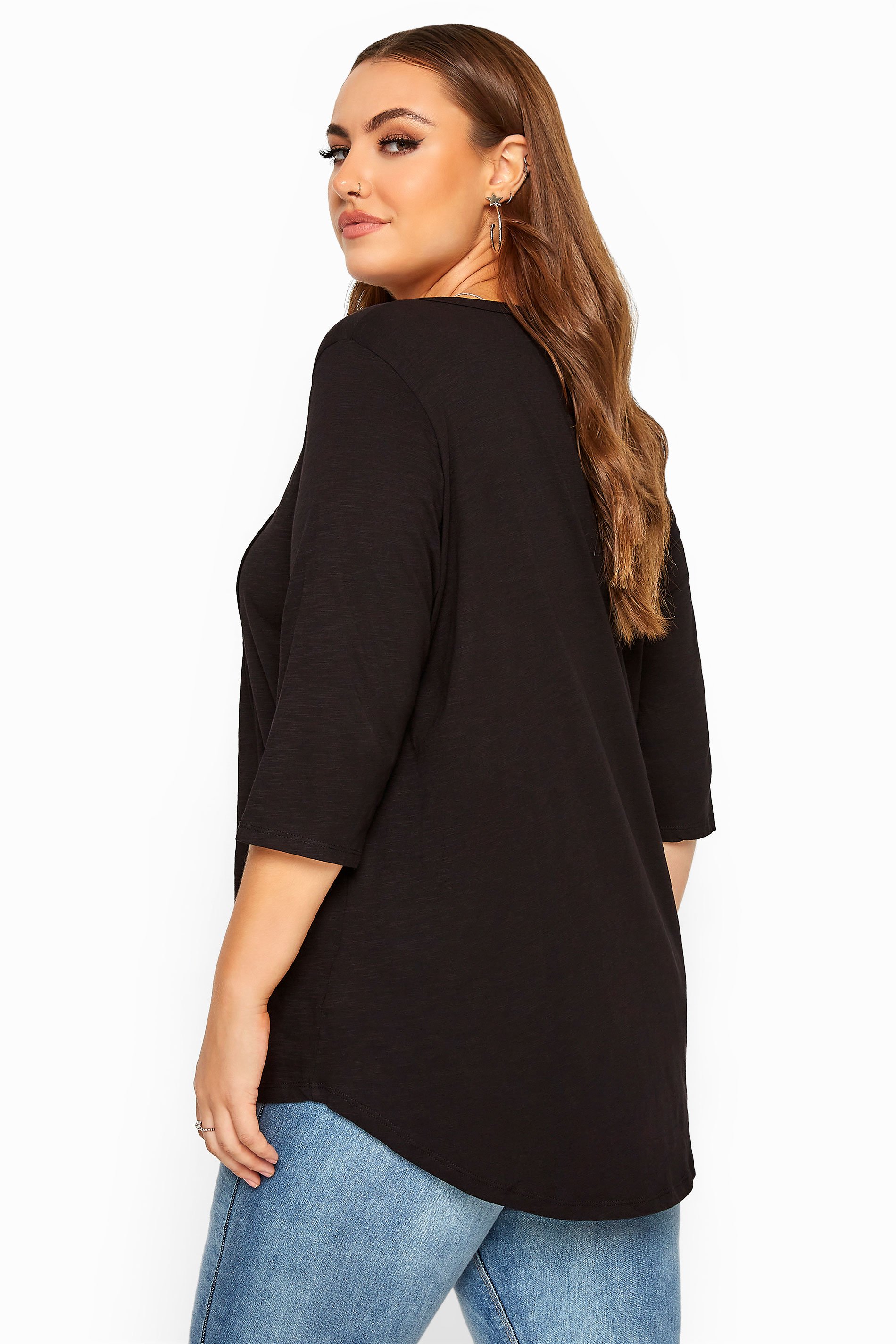 Black Pleated Henley Top | Yours Clothing