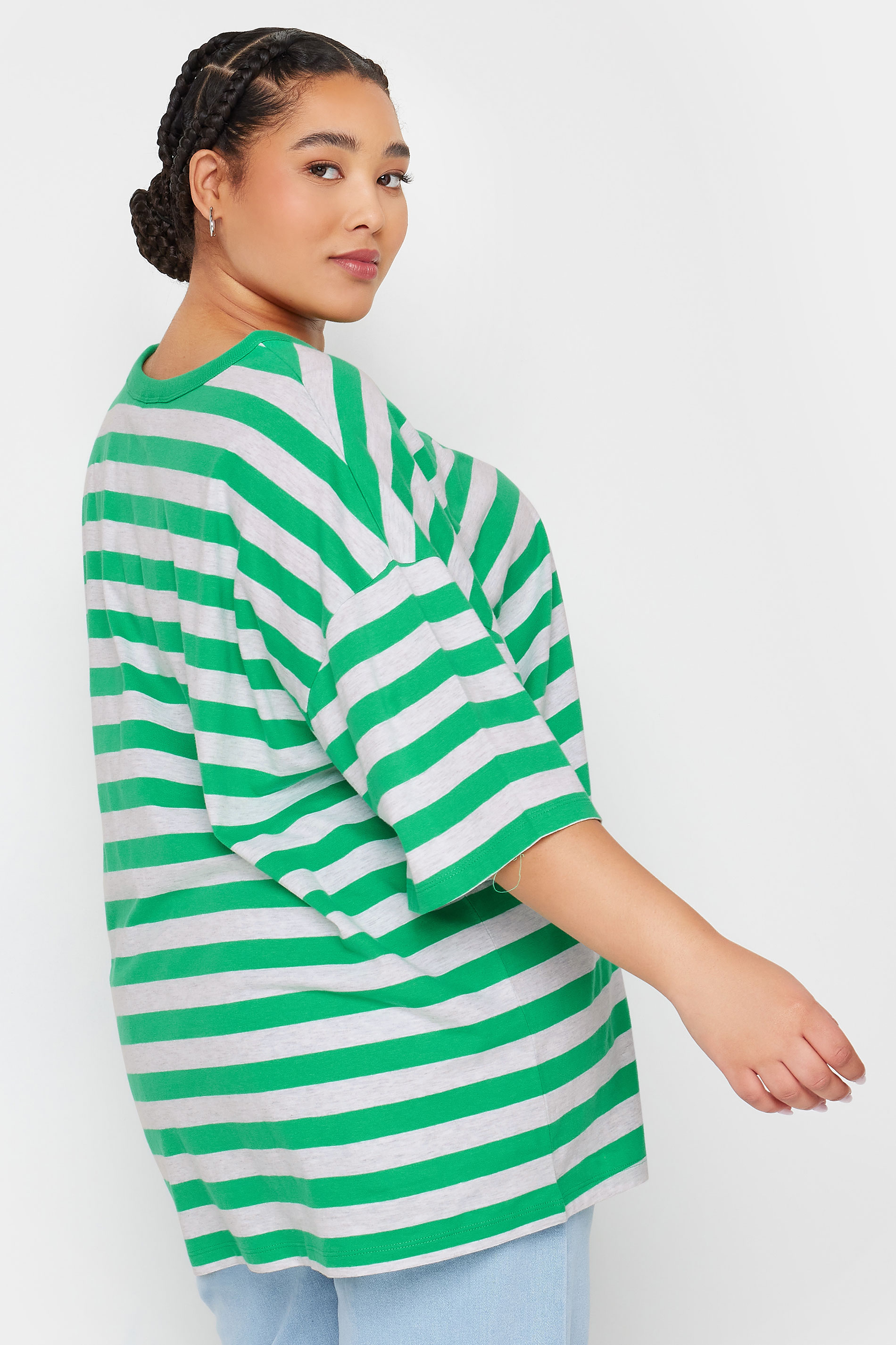YOURS Plus Size Green & Grey Stripe Oversized T-Shirt | Yours Clothing 3