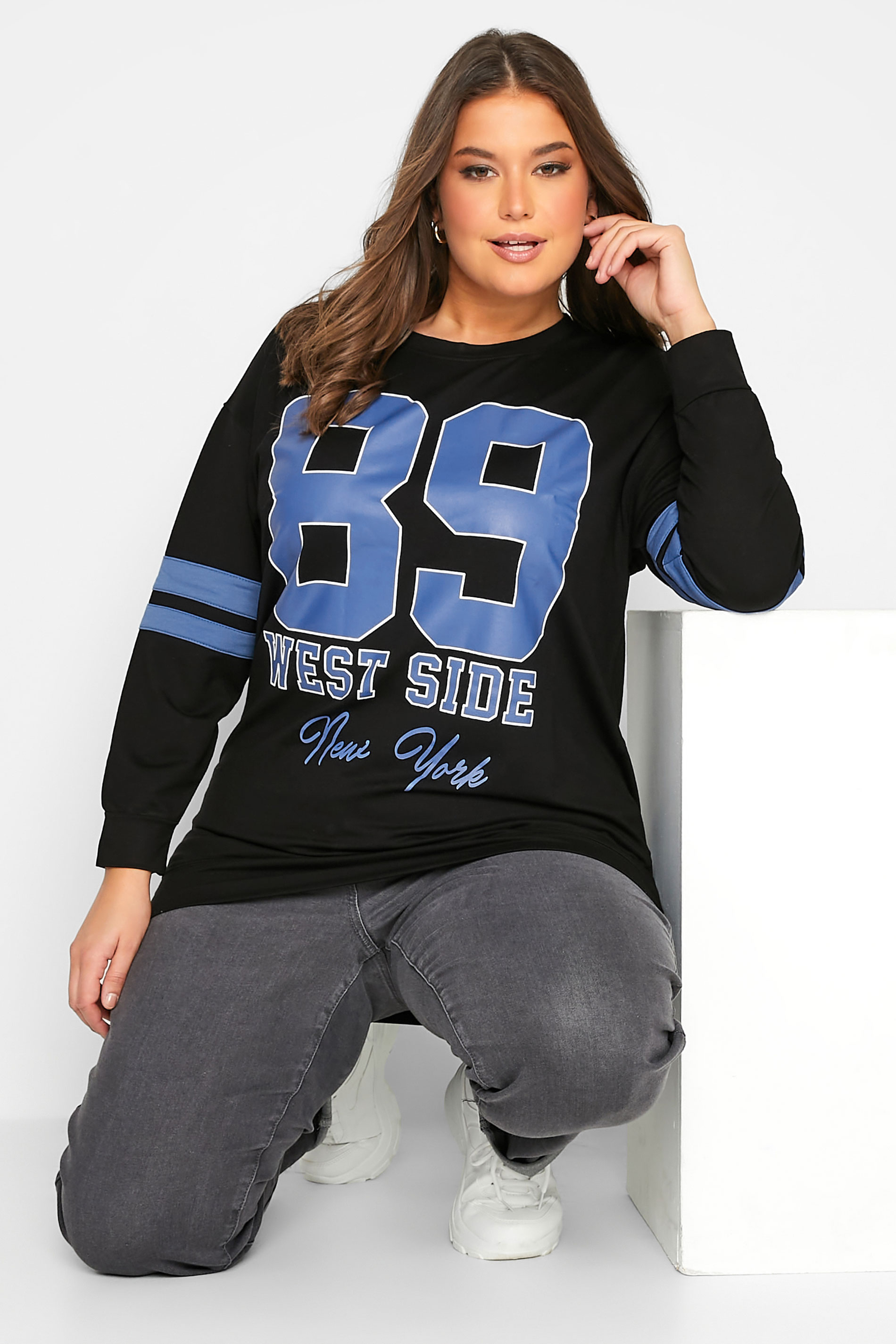 Plus Size Black '89 West Side' Varsity Sweatshirt | Yours Clothing 1