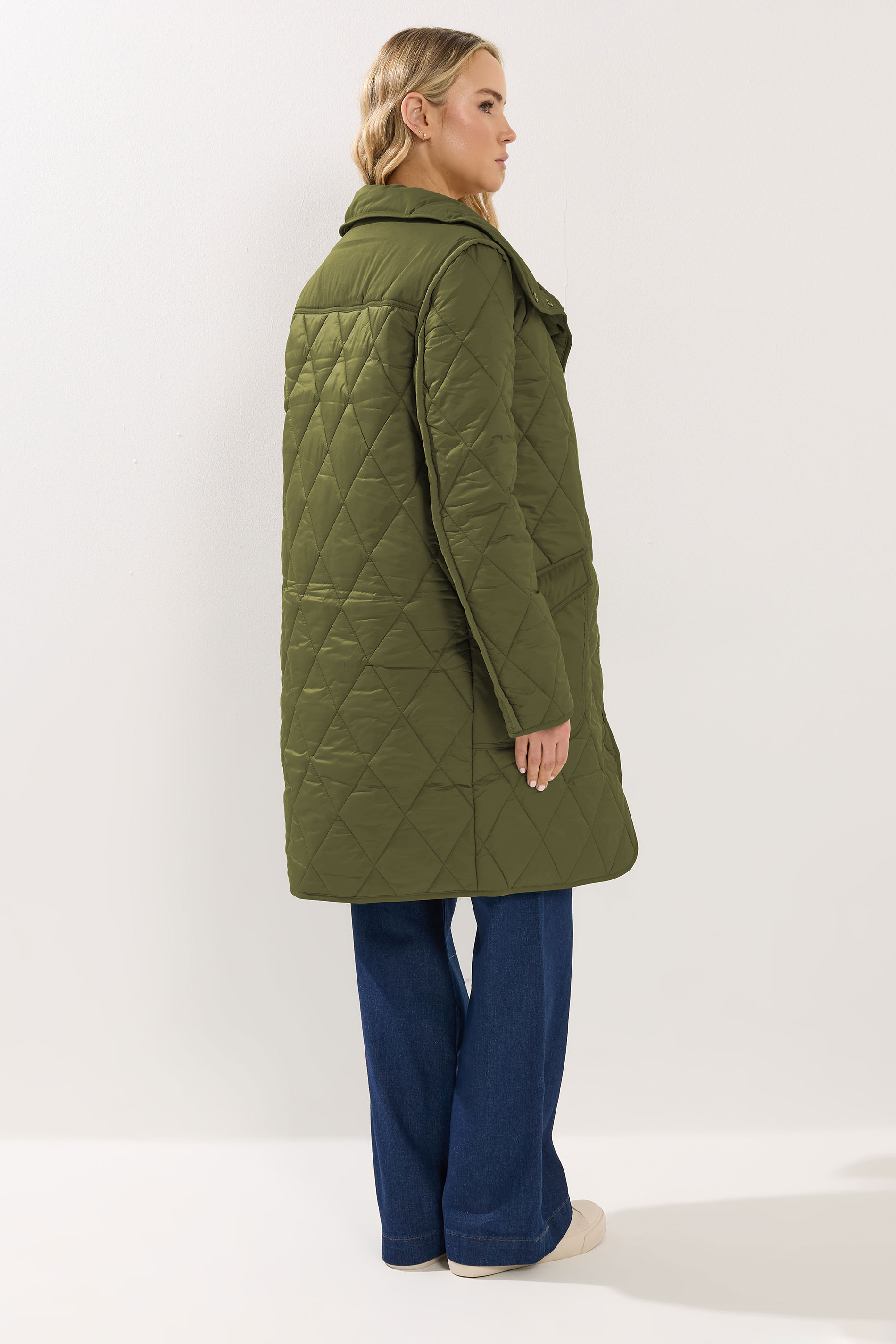 LTS Tall Khaki Green Funnel Neck Quilted Coat | Long Tall Sally 4