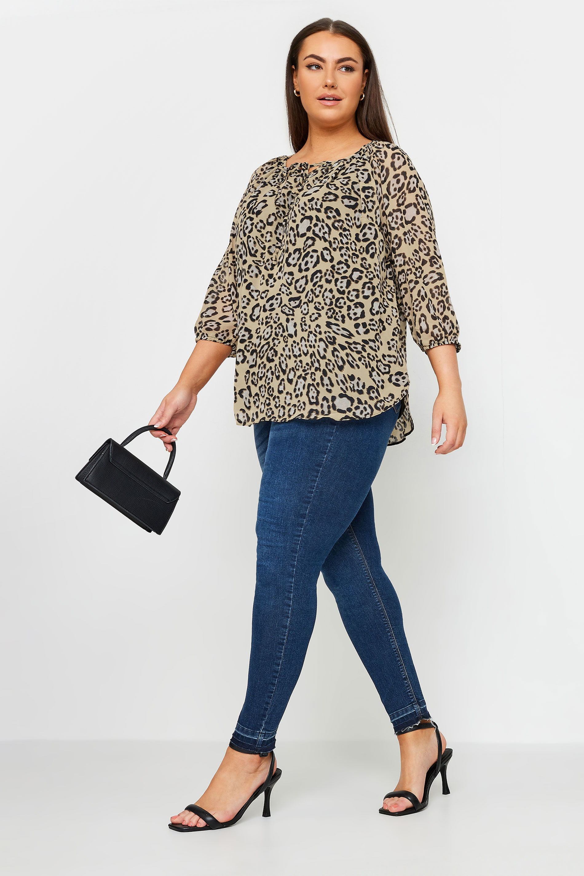 YOURS Plus Size Beige Brown Leopard Print Tie Neck Blouse | Yours Clothing 2