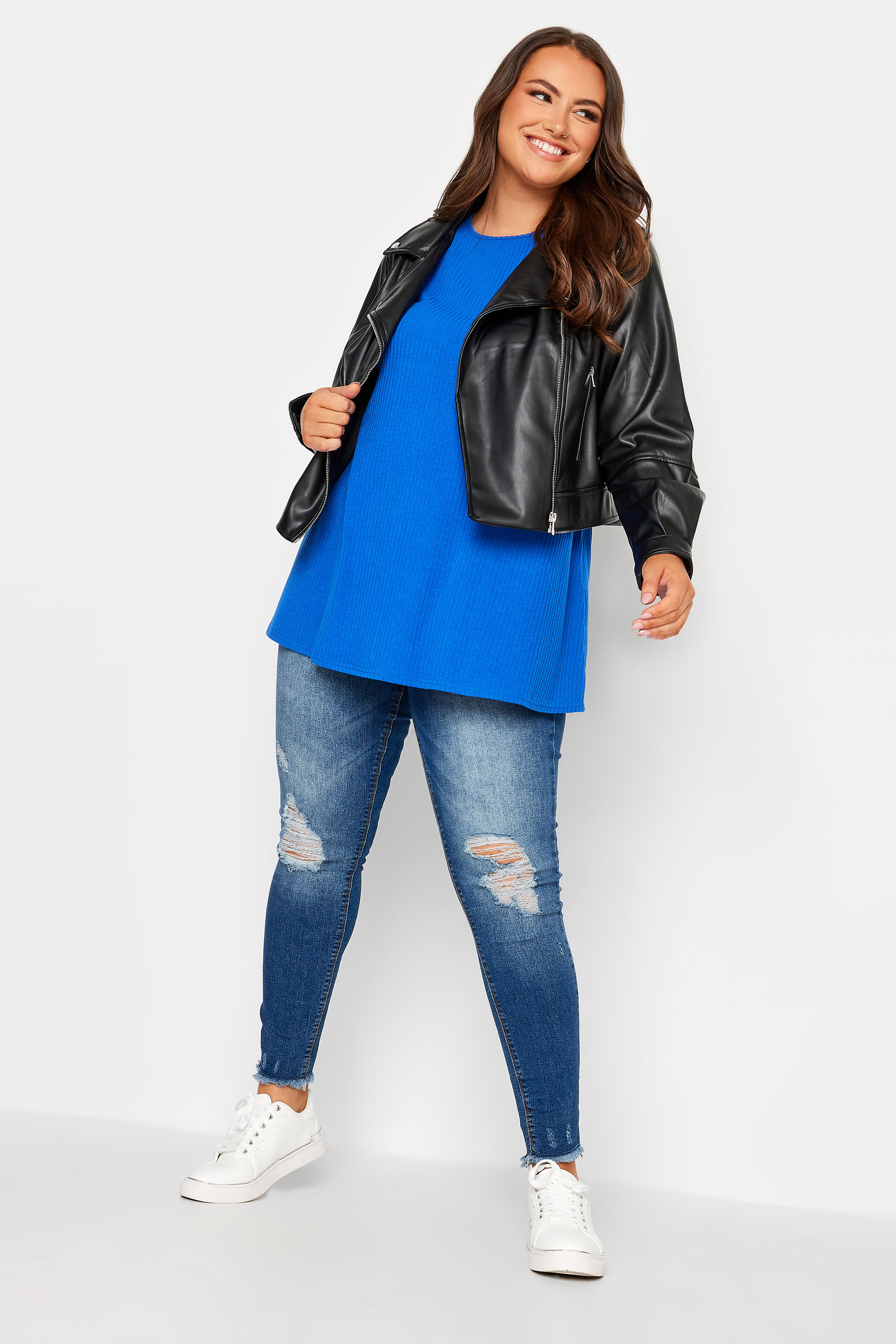 YOURS Curve Plus Size Cobalt Blue Ribbed Swing T-Shirt | Yours Clothing  2