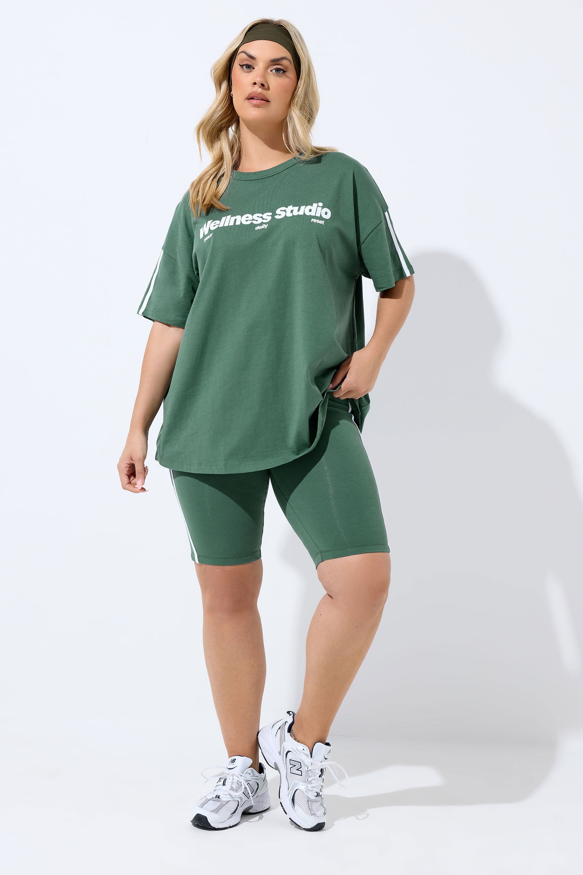 YOURS ACTIVE Plus Size Green Side Contrast Stripe Shorts | Yours Clothing 1