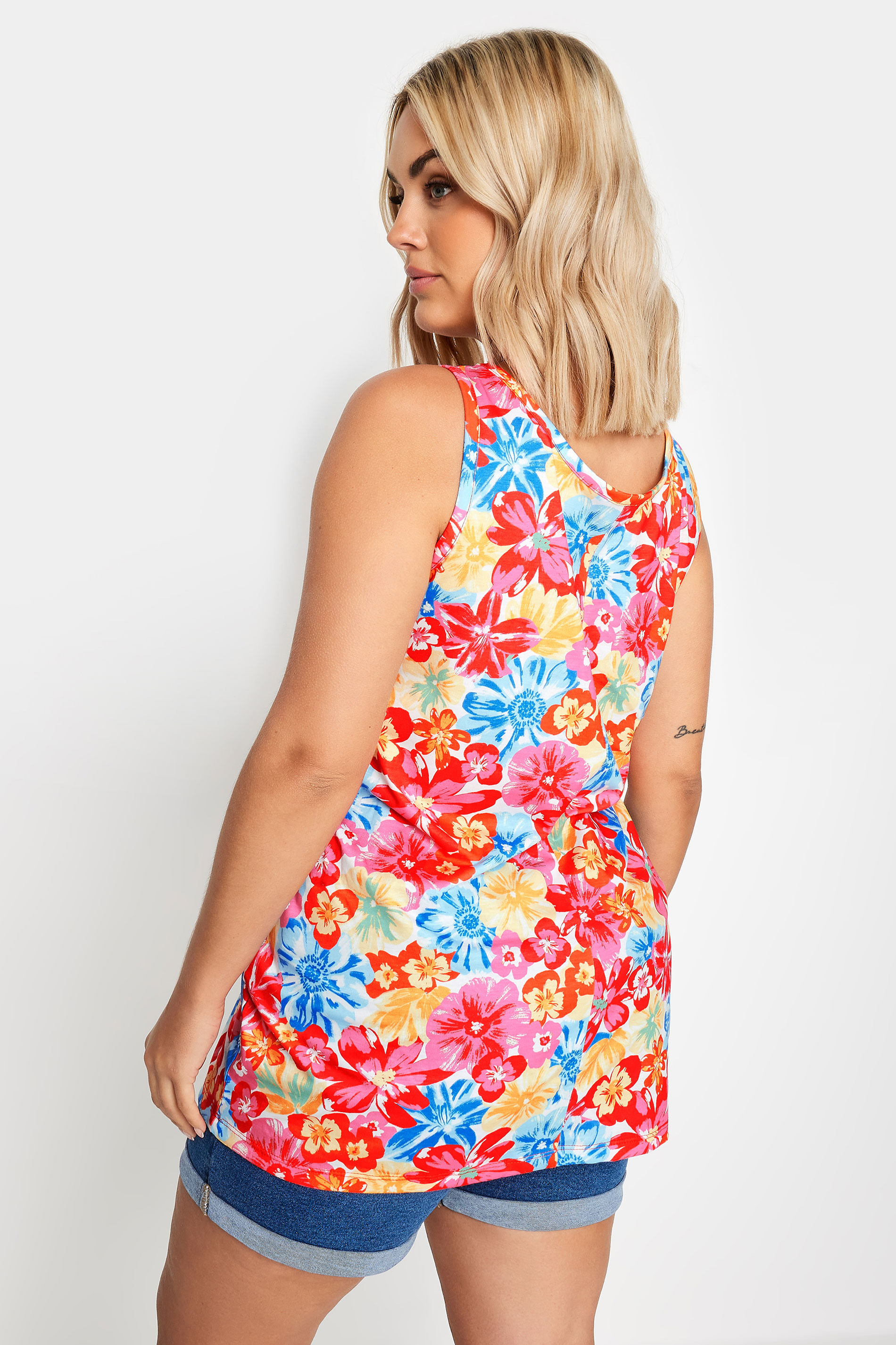 YOURS Plus Size Pink & Blue Floral Print Vest Top | Yours Clothing 3
