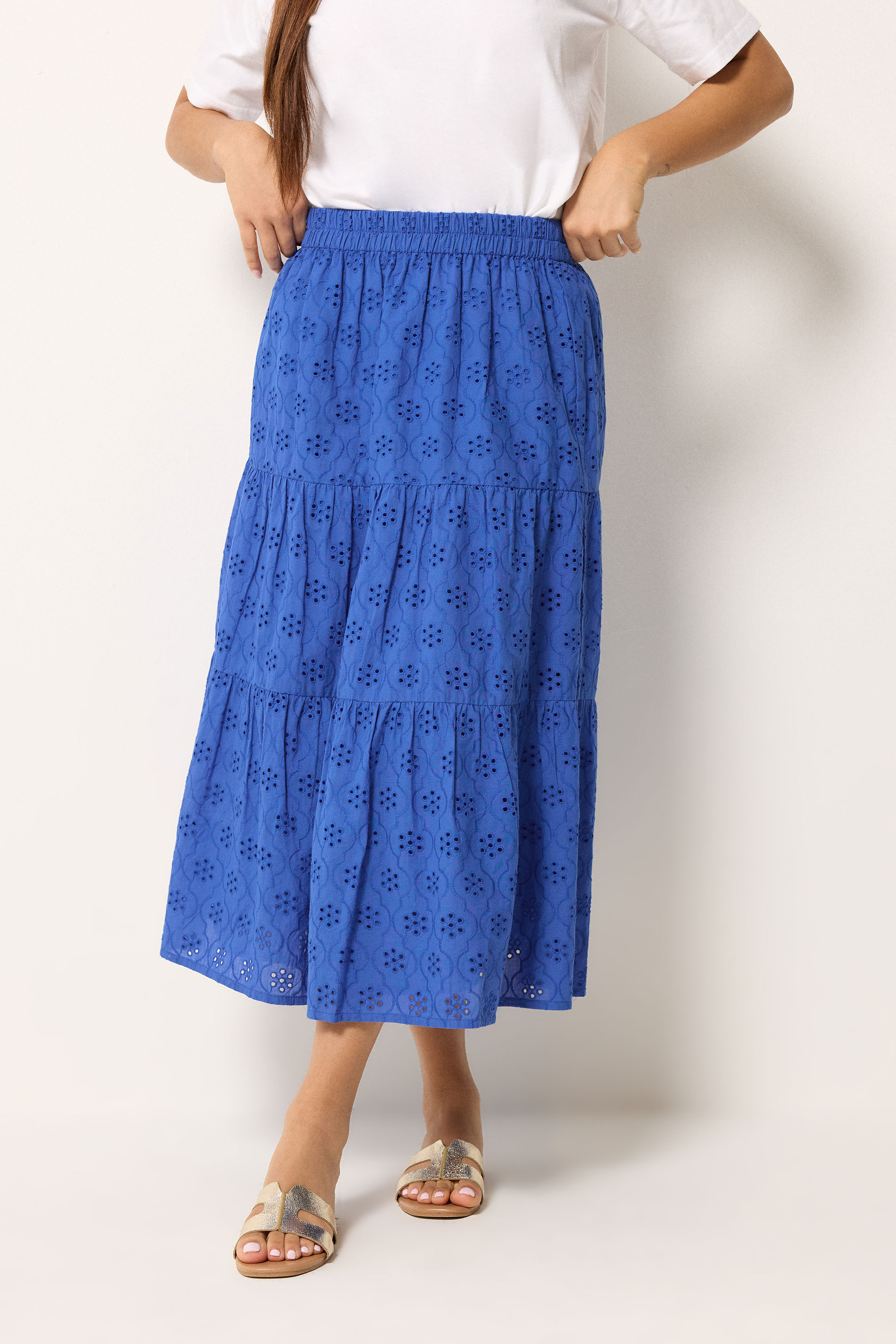 M&Co Petite Blue Broderie Tiered Cotton Maxi Skirt | M&Co 3