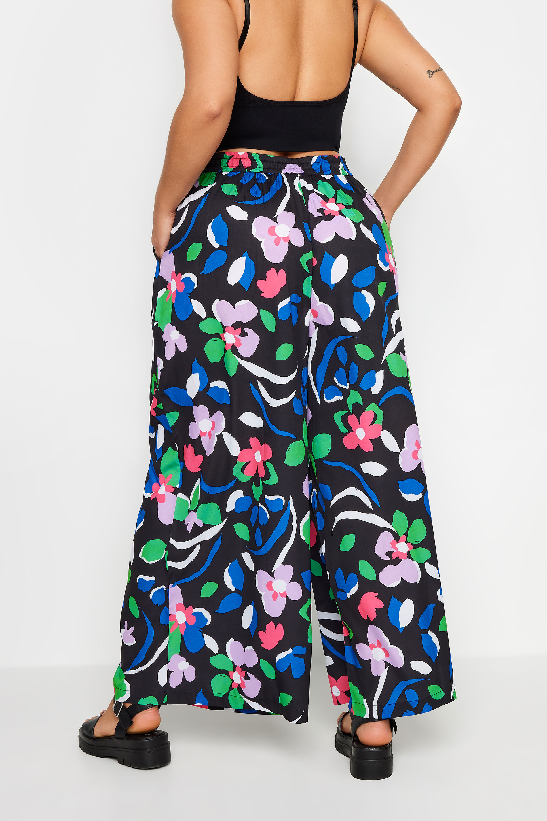 YOURS Plus Size Black Floral Print Drawstring Wide Leg Trousers | Yours Clothing 3
