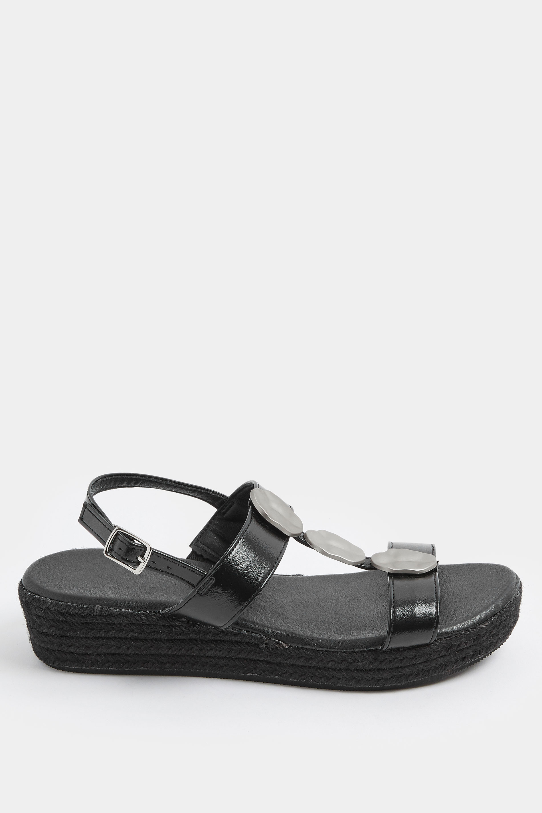 Black Hammered Disk Wedge Sandals In Wide E Fit | Yours Clothing 2