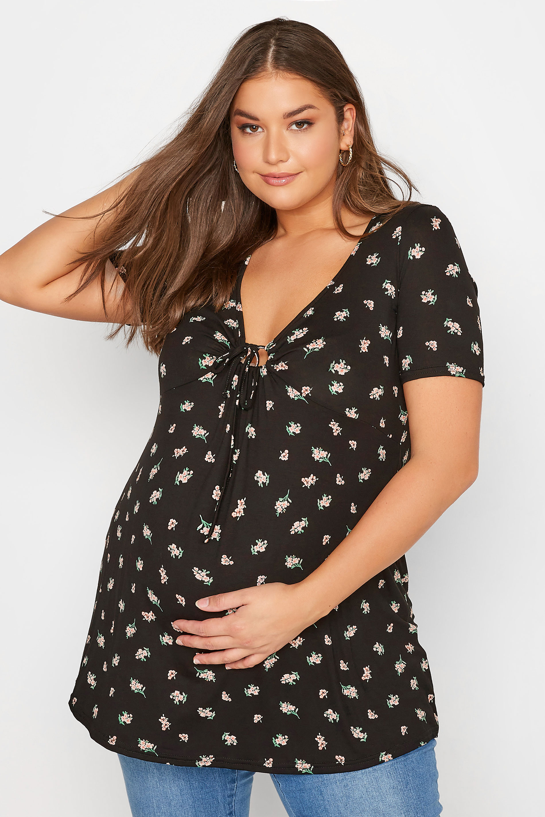 BUMP IT UP MATERNITY Plus Size Black Floral Keyhole Top | Yours Clothing 1