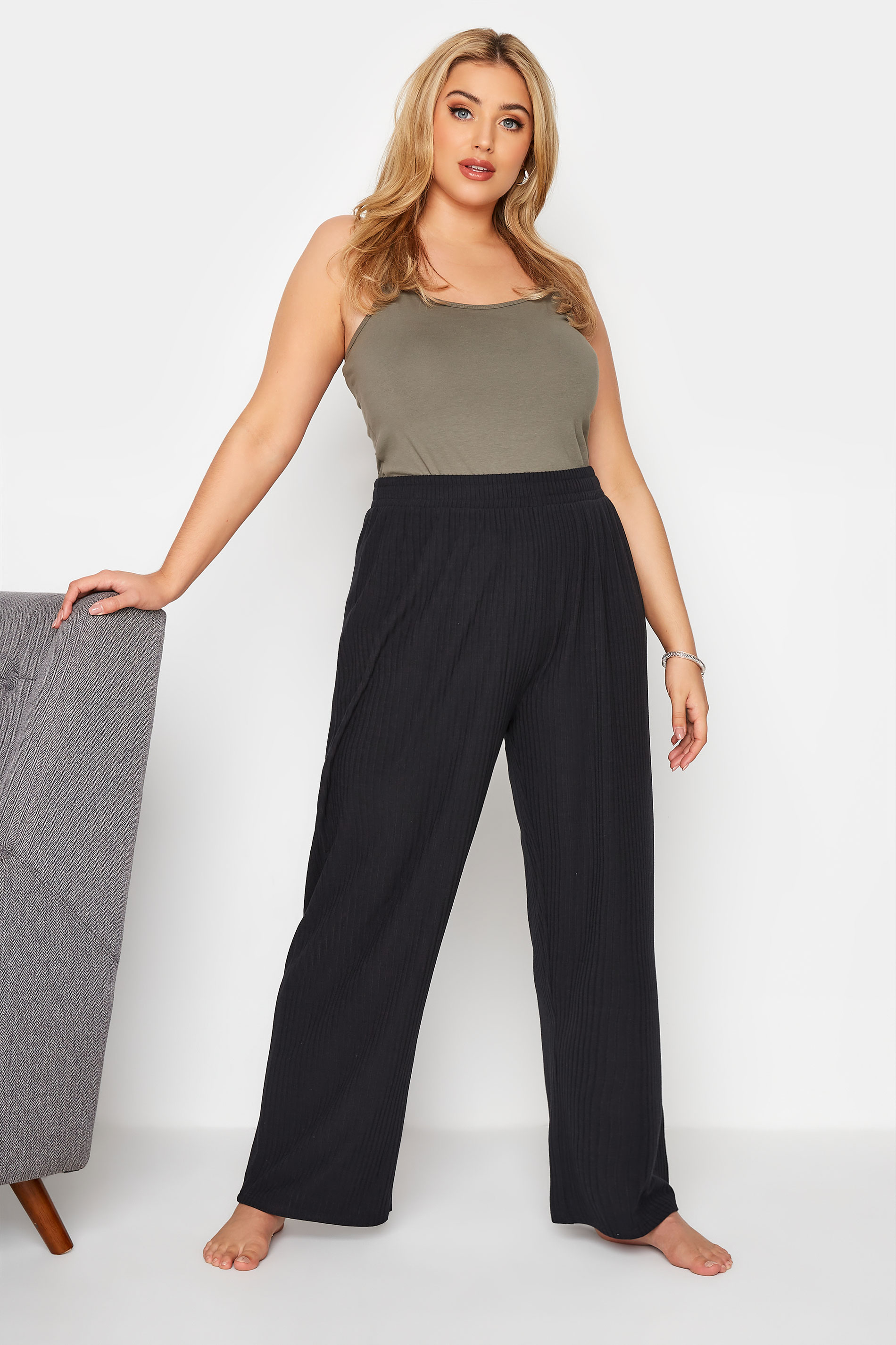 Plus Size Black Ribbed Wide Leg Lounge Trousers | Yours Clothing