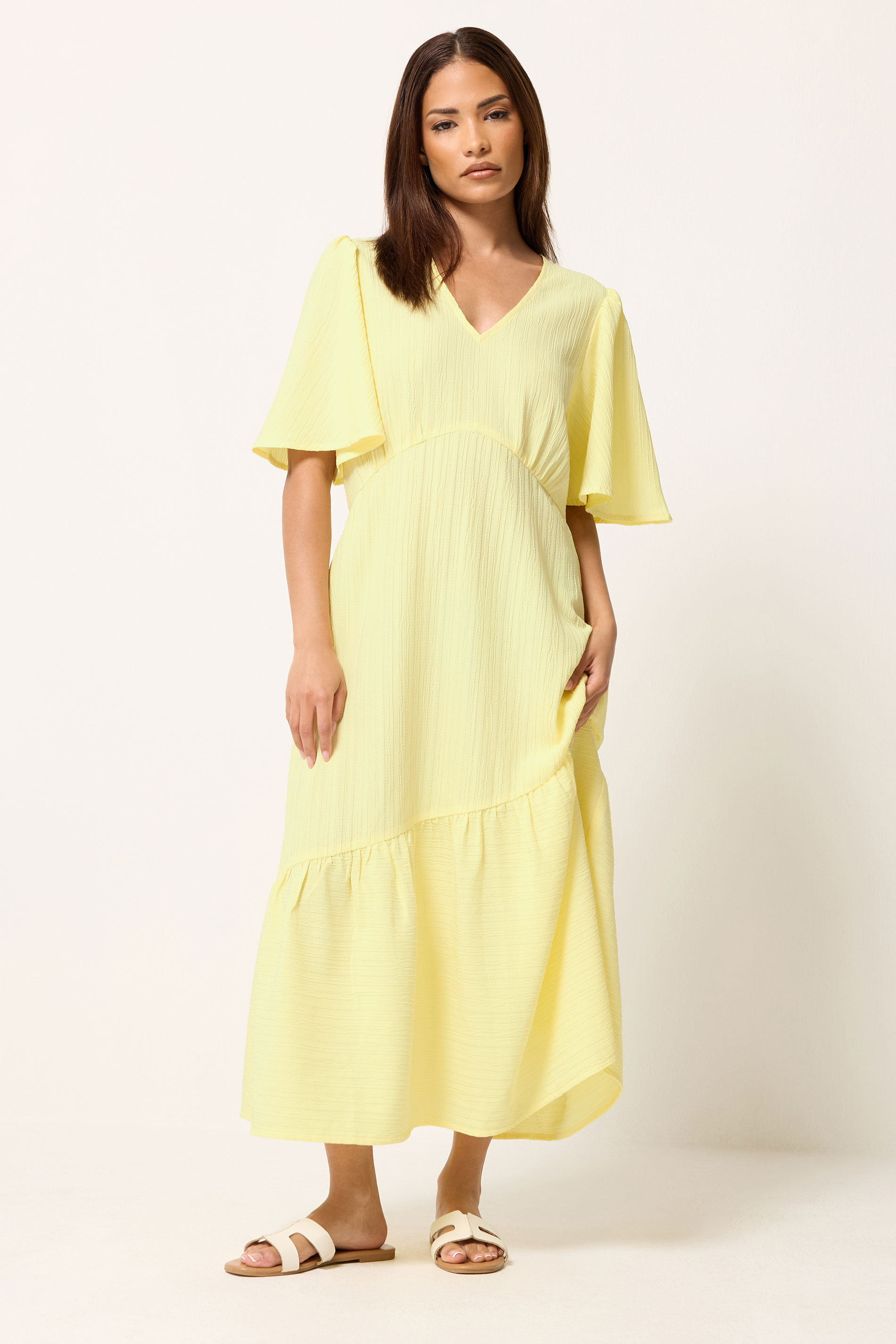 PixieGirl Petite Yellow Asymmetric Tiered Midi Dress | PixieGirl 3
